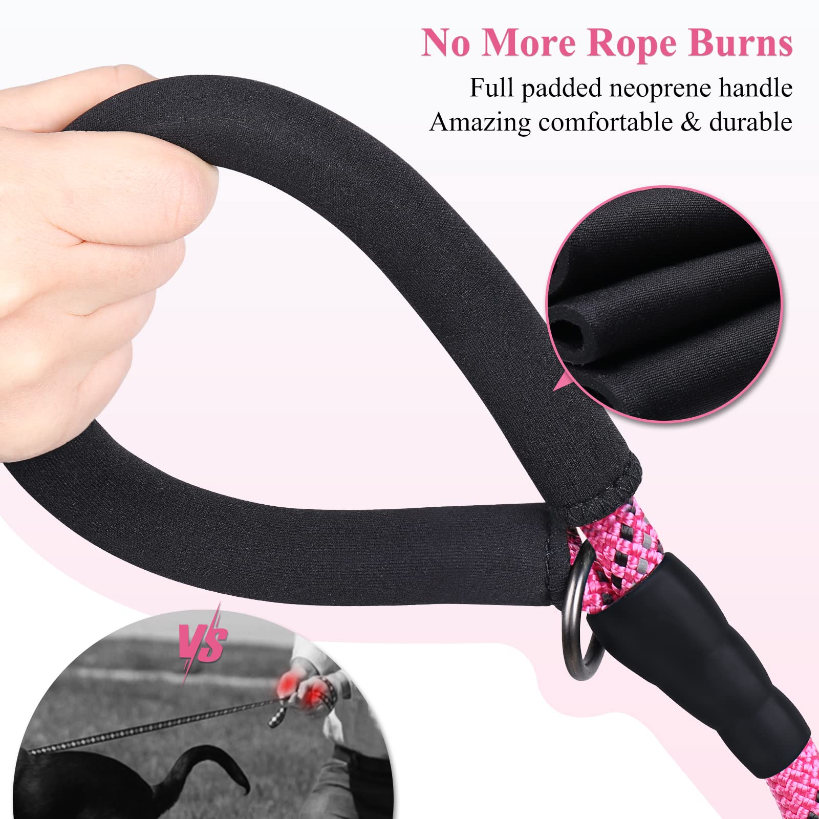 VIVAGLORY Short Dog Lead with Comfortable Padded Handle, 46cm Durable Rope Short Walking & Training Leashes for Dogs with Highly Reflective Threads for Medium & Large Dog, Pink