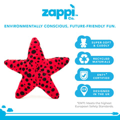 Zappi Co 100% Recycled Plush Red & Black Starfish Toy (17cm Length) Stuffed Soft Cuddly Eco Friendly animals Collection For New Born Child First kid