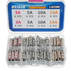 BOJACK 4 Values 64 pcs 3 5 10 13 A amp 240 V Volt Household Mains Plug Fuse 6.3x25 mm 0.25x1Inch BS1362 Ceramic Tube Cartridge Fuses Assortment Kit packag in a Clear Plastic Box