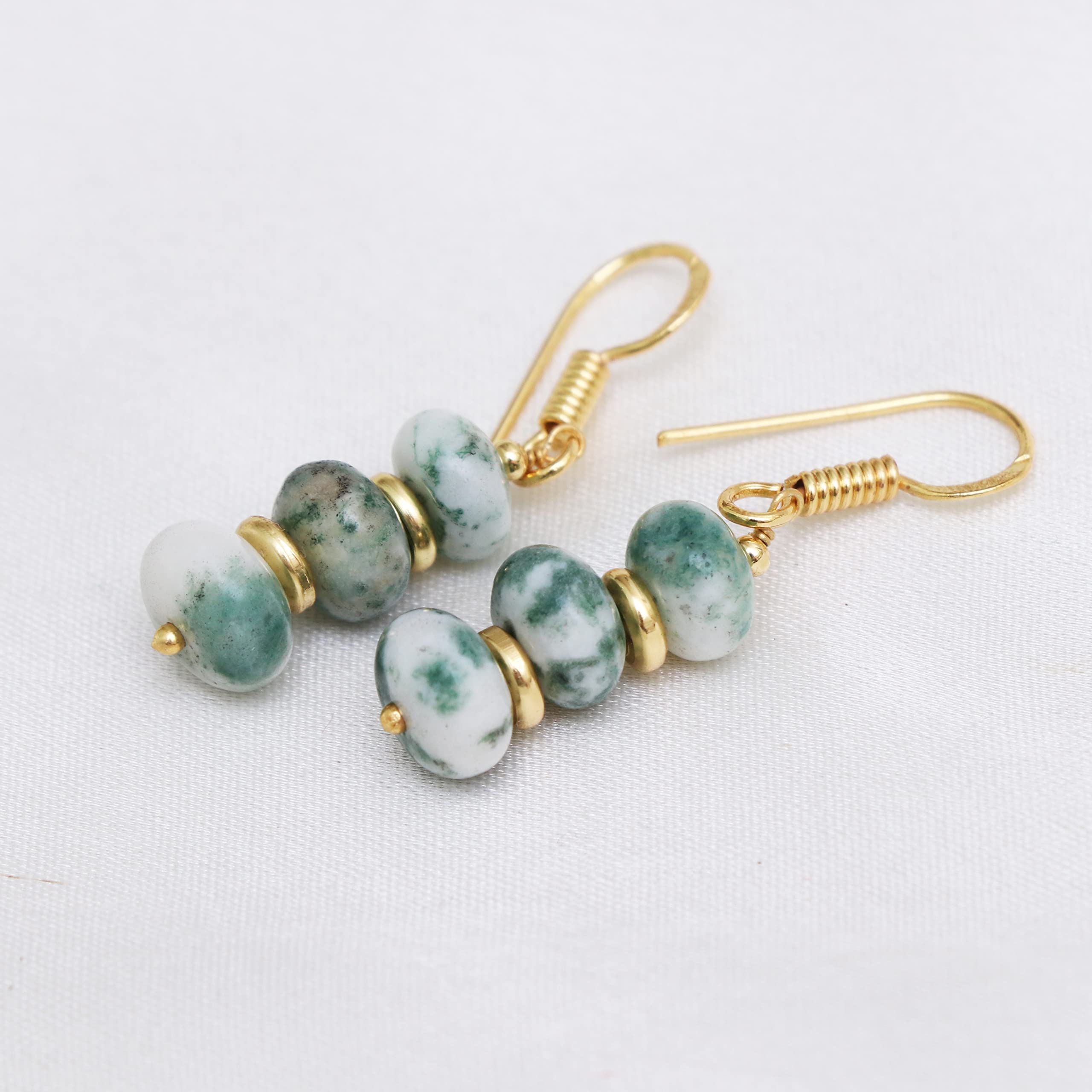 Gempires Moss Agate Rondelle Beads Earring, 8mm Crystal Beads, Dangle Drop Earring For Women (Moss agate)