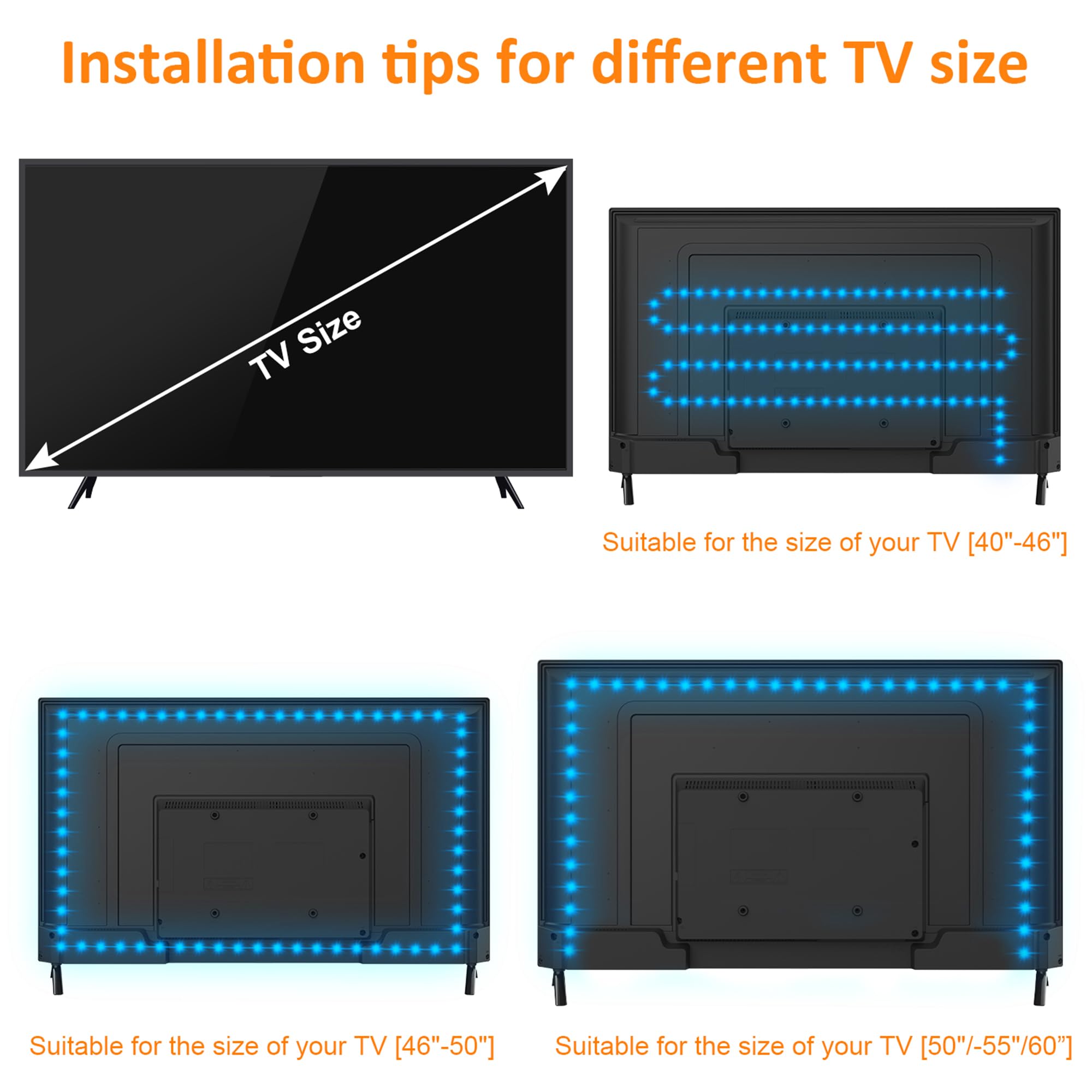 2M LED TV Backlight USB Bias Lighting with 16 Colors and 4 Dynamic Mode for 40 To 60 Inch HDTV,PC Monitor,Led Light Strip.(4pcs x 50cm Led Strips)