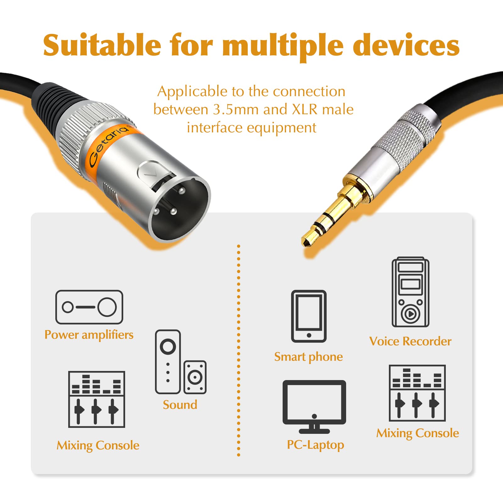 GetariaXLR Female to 1/4 Inch (6.35mm) TRS Jack Lead Balanced Signal Interconnect Cable XLR to Quarter inch Patch Cable(1M MALE XLR to 3.5mm)