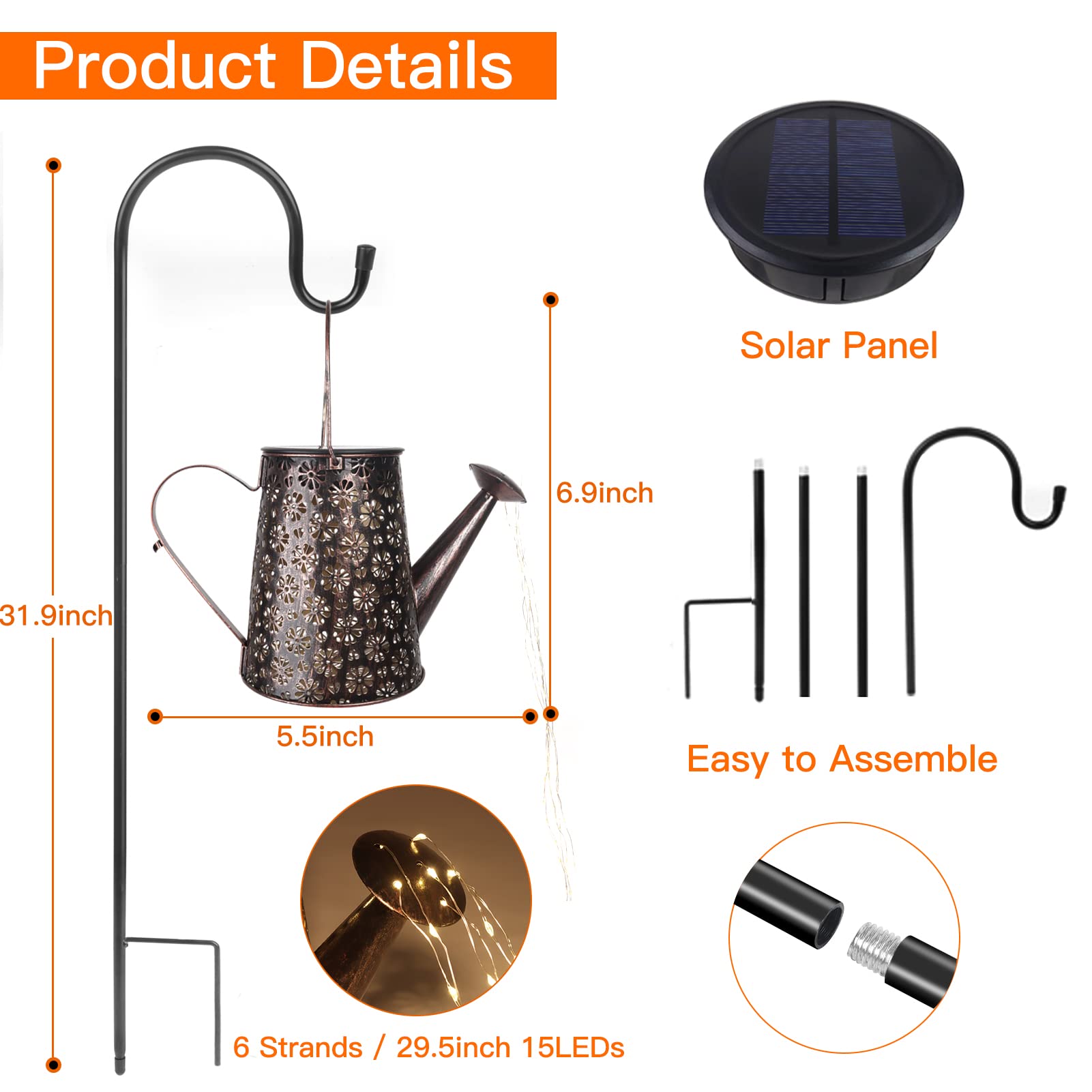 MEDE Watering Can Solar Lights Outdoor Garden,90 LED Garden Ornaments Outdoor Light Solar Powered Waterproof Large Retro Metal Fairy Lights with Bracket for Patio Yard Pathway Decorations Garden Gifts