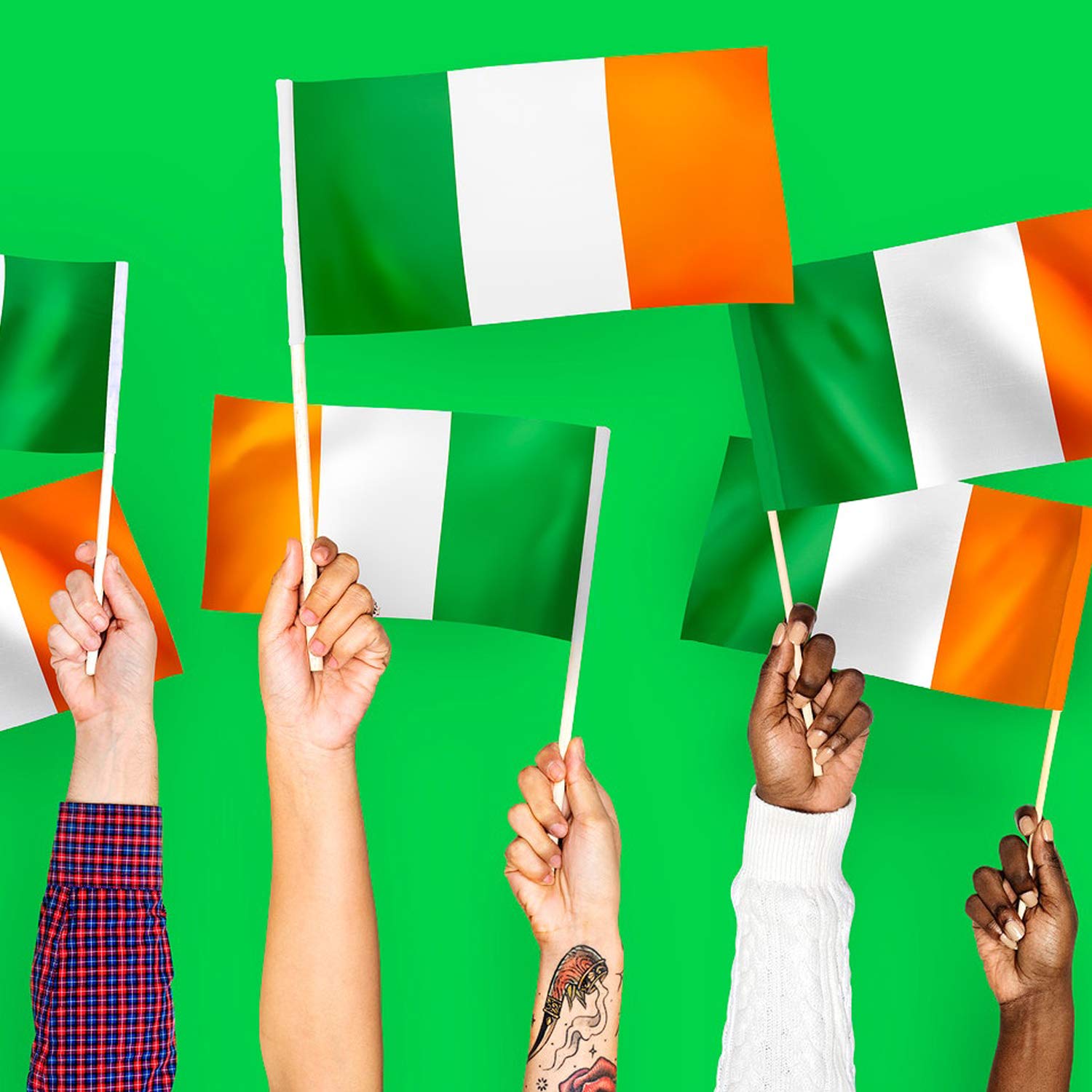 Ireland Stick Flag, ANLEY Irish National 5x8 inch HandHeld Mini Flag With 12 inches White Solid Pole - Vivid Color and Fade Resistant - Hibernian 5 x 8 inch Hand Held Stick Flags With Spear Top (1 Dozen)