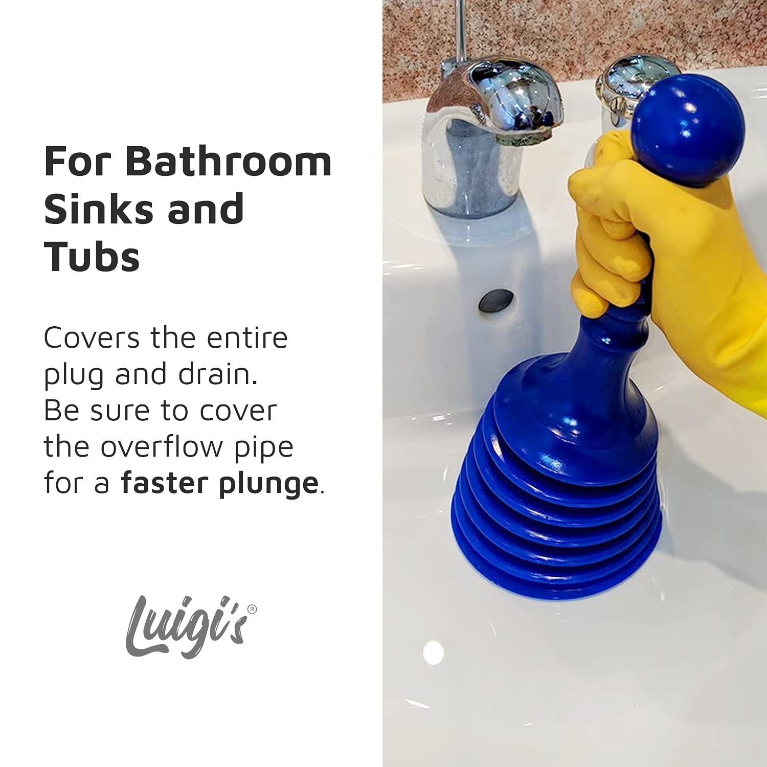 Luigi's Sink and Drain Plunger for Bathrooms, Kitchens, Sinks, Baths and Showers. Small and Powerful, Commercial Style 'Plumbers Plunger' with Large Bellows