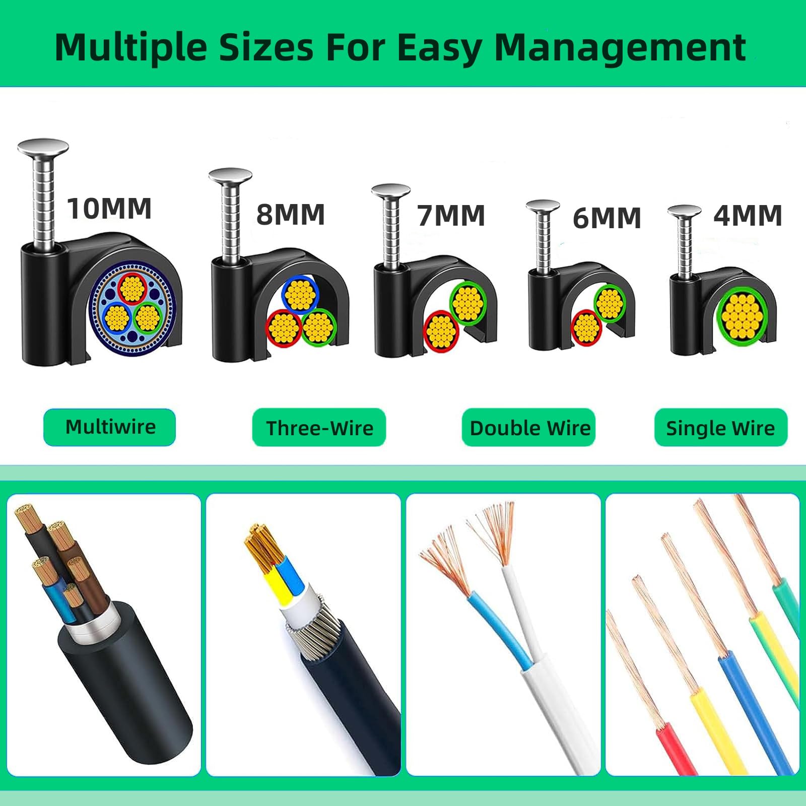 OAIGE.W 500Pcs Cable Clips, Cable Clips Black, 4mm 6mm 7mm 8mm 10mm, Used for ethernet Cable, Telephone line, TV Cable (Black-4/6/7/8/10mm)