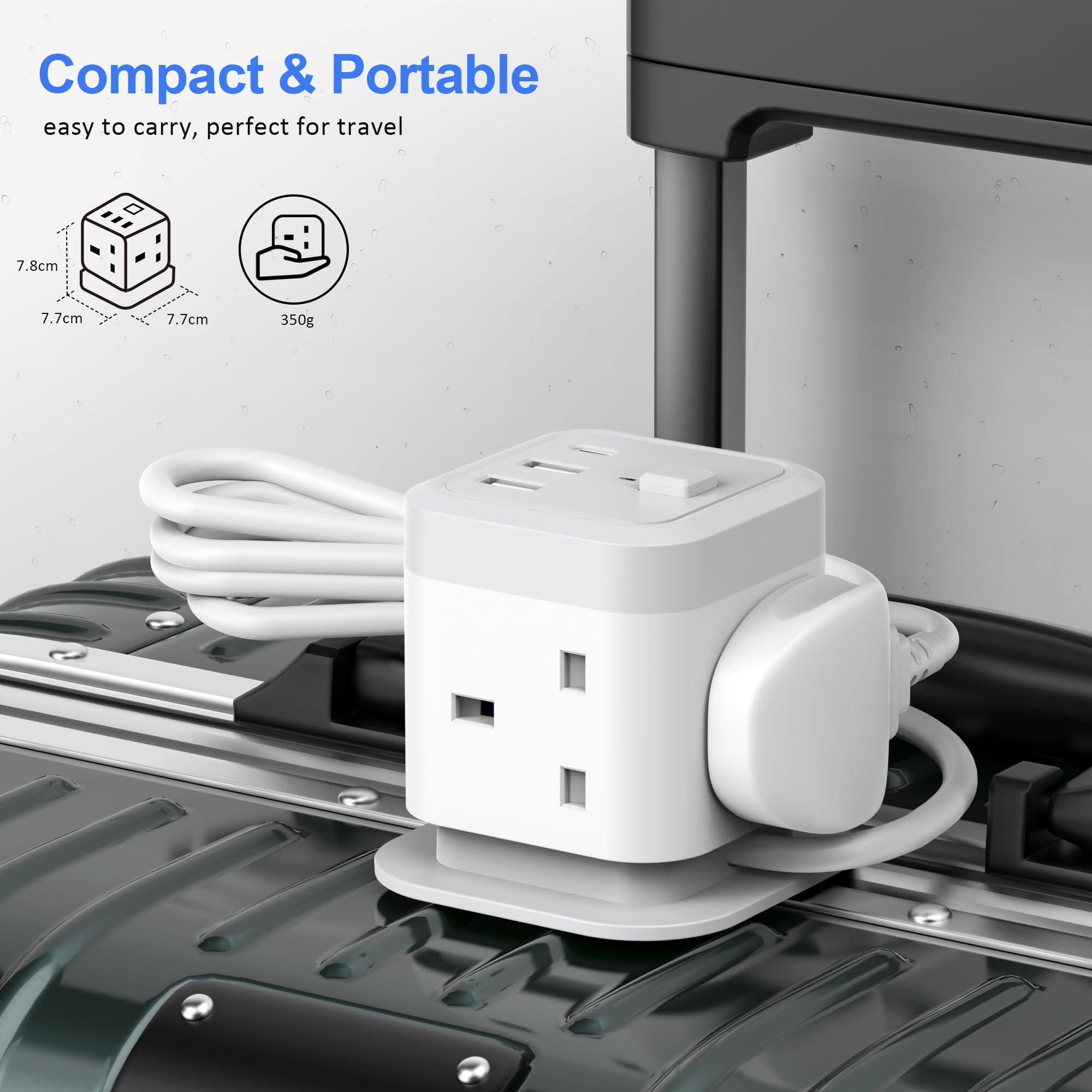 Cube Extension Lead with USB Slots, 4 Way Multi Plug with 2 USB A and 1 USB C Ports, UK Power Strip Surge Protected Extension Tower with Switch and 1.5M Cable Cord for Home, Kitchen, Office