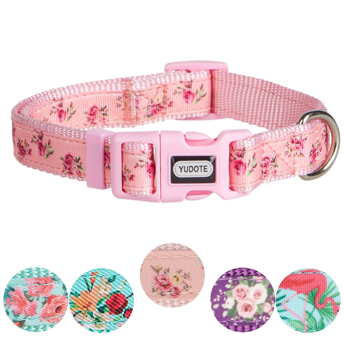 YUDOTE Adjustable Pink Nylon Dog Collar Small with Floral Patterned Ribbon for Puppies Active Female Dogs Neck 25-38cm