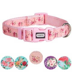 YUDOTE Adjustable Pink Nylon Dog Collar Small with Floral Patterned Ribbon for Puppies Active Female Dogs Neck 25-38cm