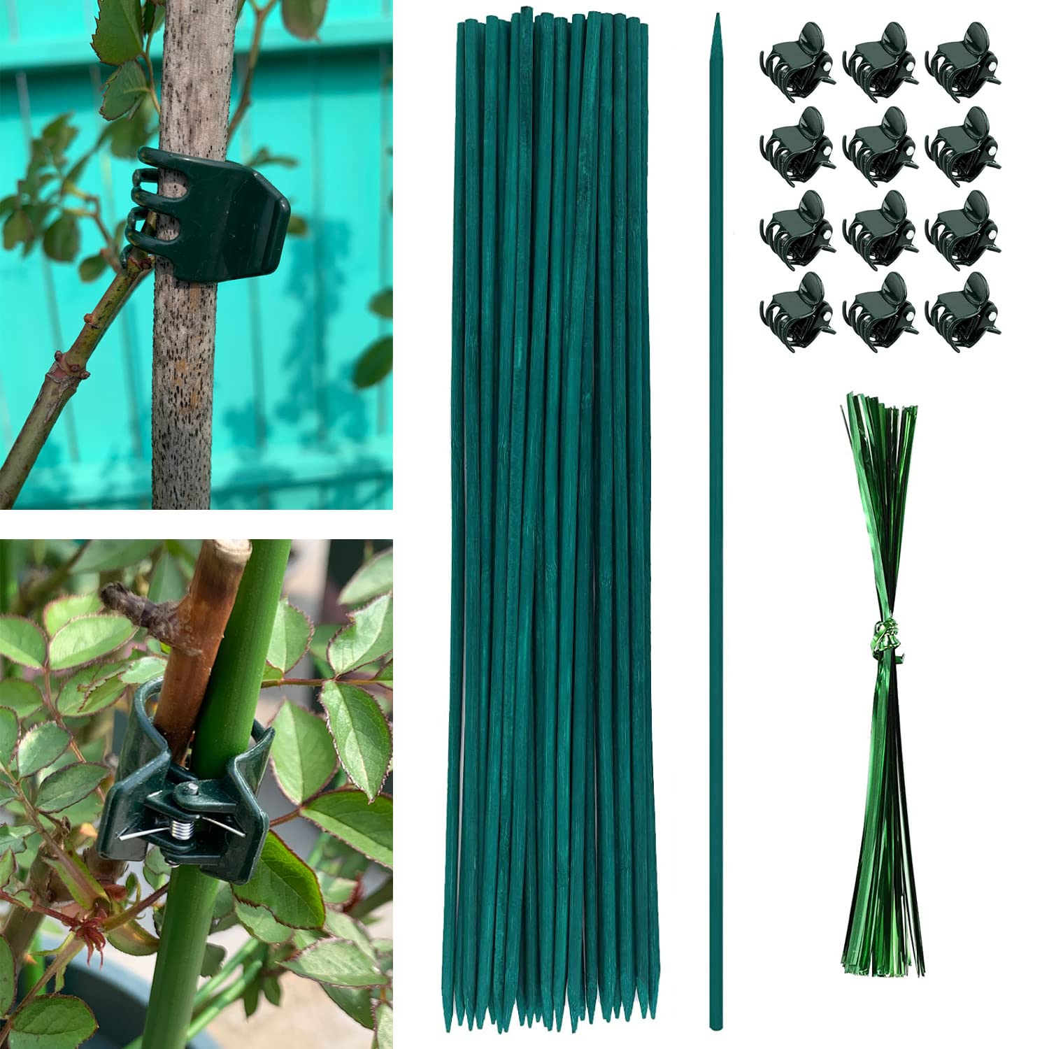 TSKDKIT 30cm Plant Support Sticks and Clips Garden Stakes Bamboo Sticks with Twist Ties Green Plant Stakes 12 inch Plant Canes Sticks for Garden or Home Floral Picks Gardening Tripods Making(25 Pcs)