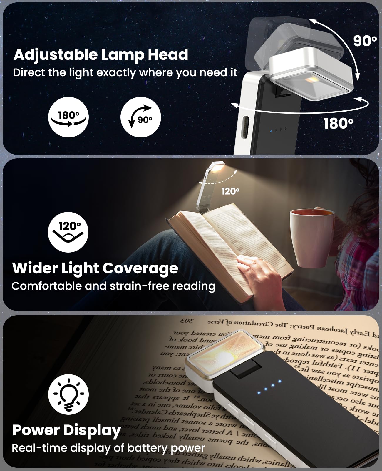 MEDE Book Light Clip on Book Reading Light for Books in Bed,Eye Caring Dimmable Reading lamp with 3 Colors Temperatures,USB Rechargeable LED Book Lamp Portable Bookmark Light for Night,Kids(White)