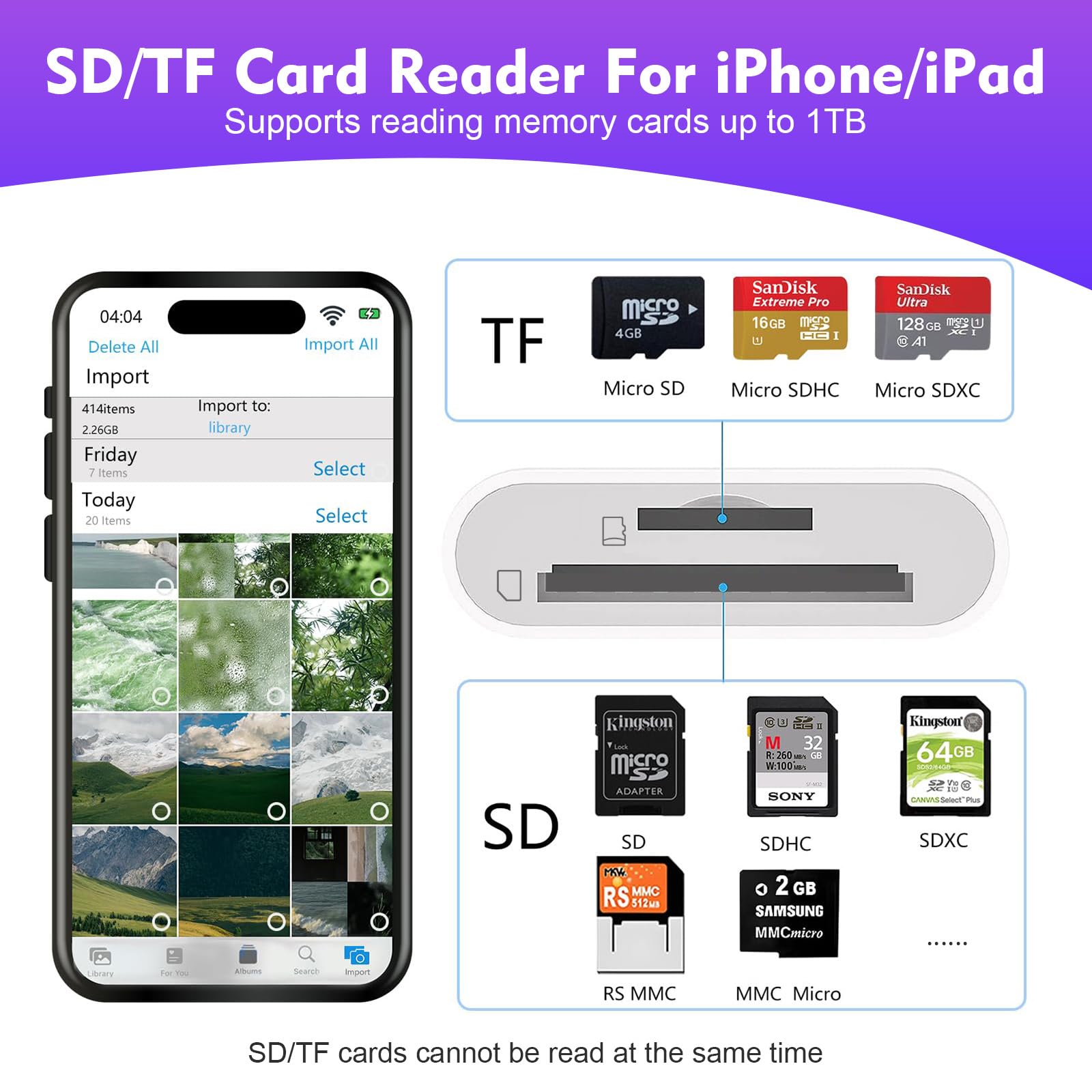 Denlane SD/TF Card Reader for iPhone iPad, 2-IN-1 Dual Slot Memory Card Reader Adapter for iPhone Camera Card Viewer with SD & TF card slots for iPhone 14/13/12/11/8/7/6/Plus/Pro/Max/SE