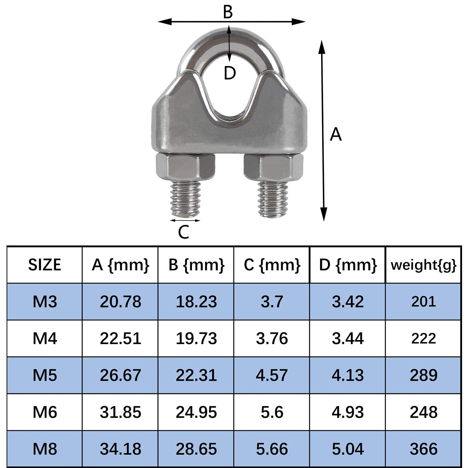 M8 Wire Rope Clip Clamp 304Stainless Steel Cable Clip, U Bolt Saddle Clamp, Wire Rope Cable Clamp, for Rigging Rope and tension cable Garden Tensioning Wire Ropes Industry Household Shipping 10pcs