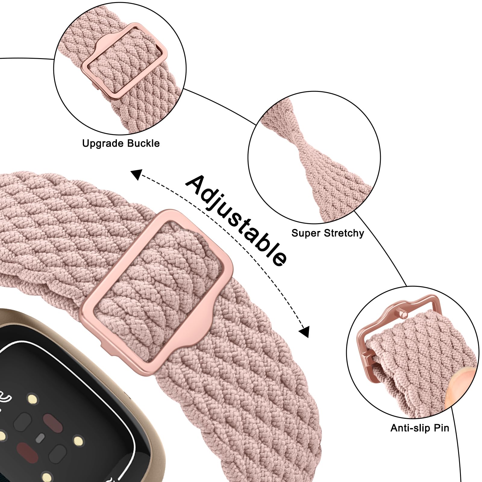 AK Straps Compatible with Fitbit Versa 4 Strap/Fitbit Versa 3 Straps/Fitbit Sense Strap/Sense 2 Strap for Women Men, Soft Elastic Nylon Sport Replacement Band for Fitbit Versa 4/Versa 3/Sense 2(Rose)