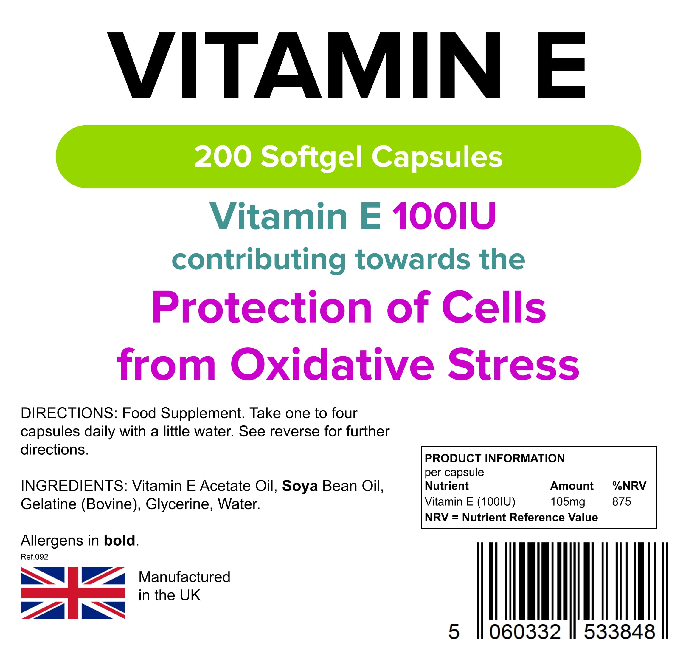 Lindens Vitamin E Oil 100IU - 200 Capsules - UK Made - Skin - Powerful Antioxidant   Protection of Cells from Oxidative Stress   Vitamin E Capsules   Letterbox Friendly