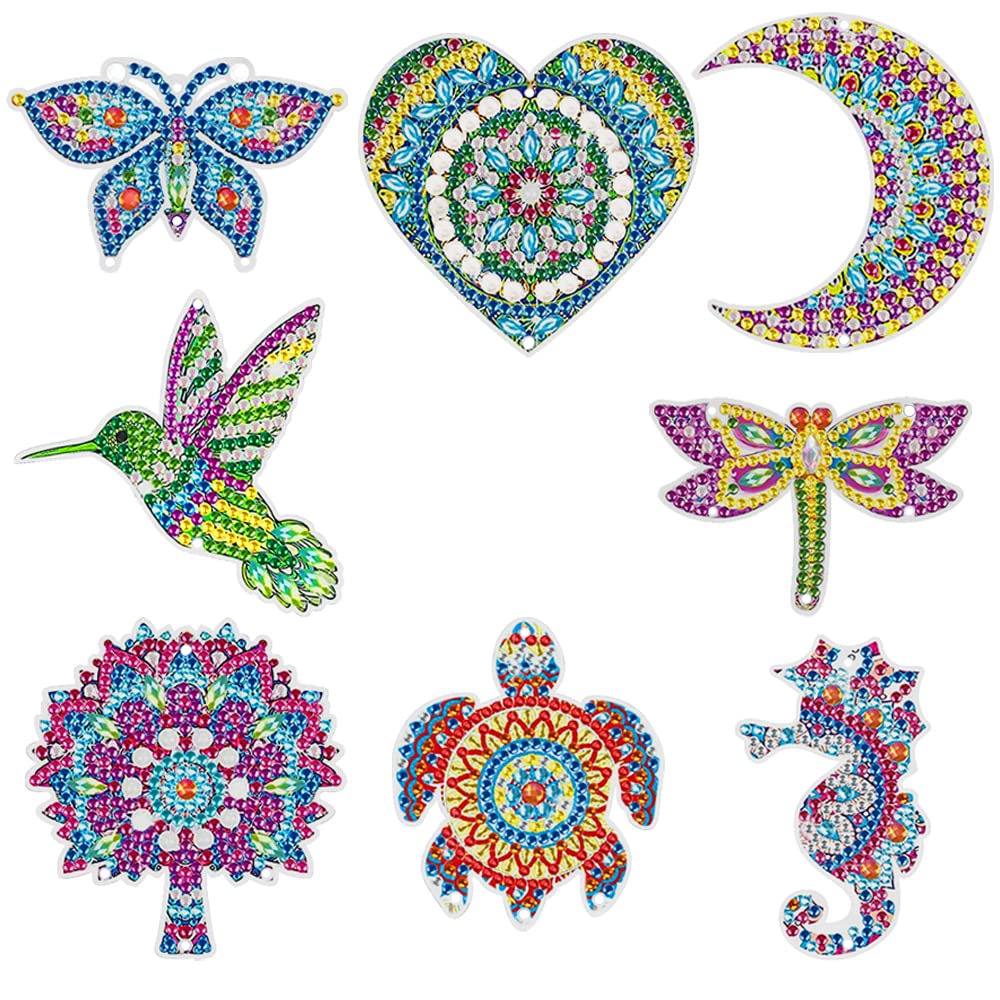 FineGood 8 PCS Diamond Art Painting Suncatcher Kits, 5D Diamond Art Wind Chimes Keychains, DIY Sun Catchers Hanging Ornament for Home Garden