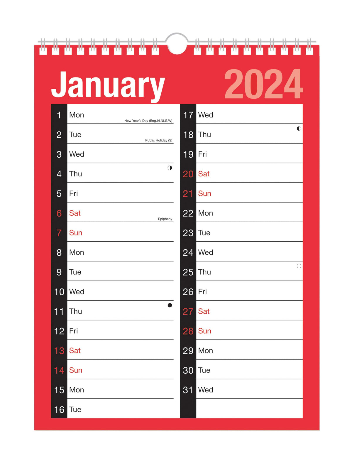 2024 Calendar A4 Large 2 Column Month To View Spiral Bound Wall Planner for Home Business Office School 1 January 2024 to 31 December 2024