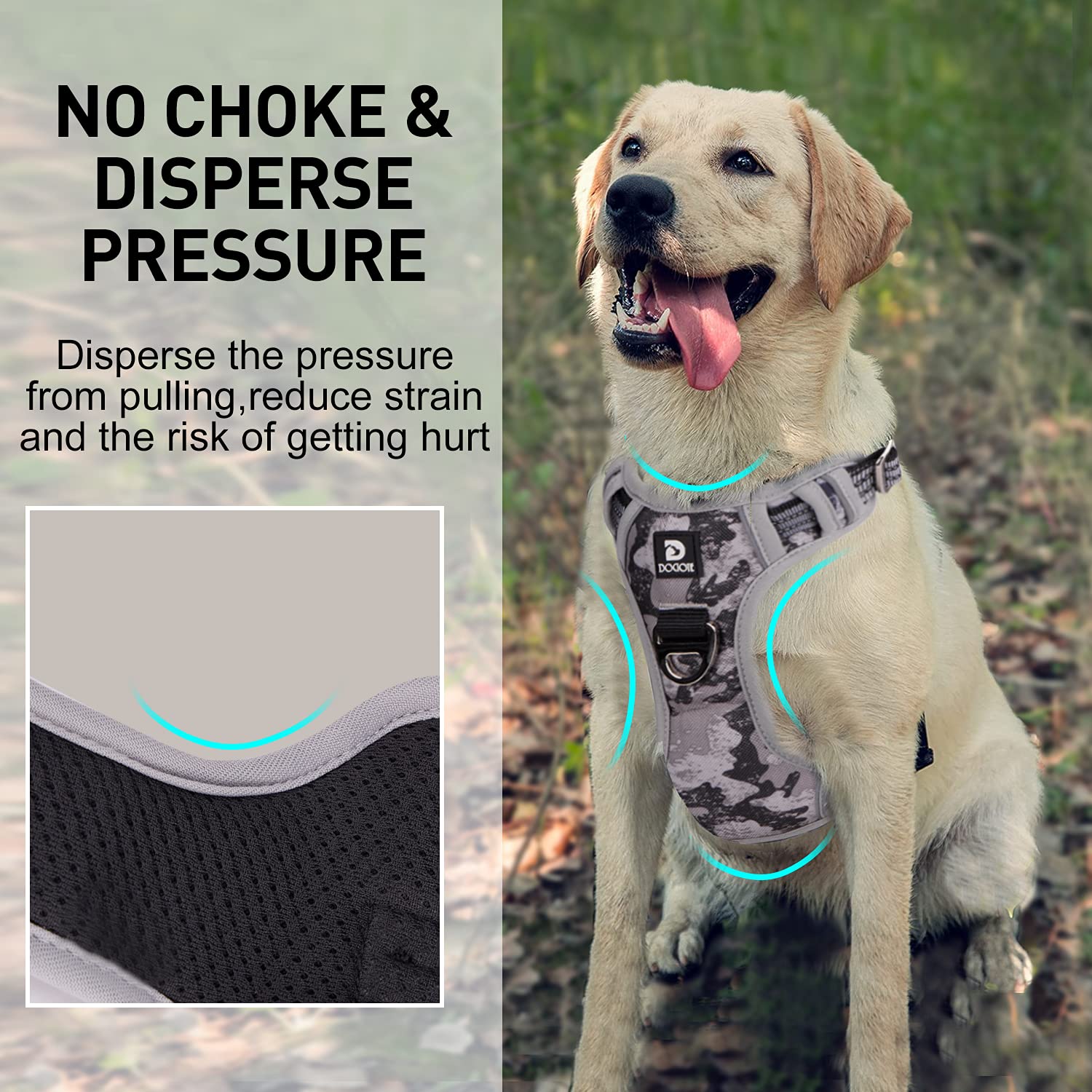 Dog Harness No Pull for Large Medium Dogs, Adjustable Reflective Harness Dog Harness Escape proof Lightweight Breathable Pet Vest Harness medium large dog for Walking Training Camo Gray M