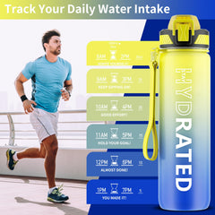 QLUR Water Bottle with Straw, 1L Drinks Bottle with Time Markings-Tritan BPA Free-Sports Water Bottle Leakproof with Lock Cover, Motivational Water Bottles for Gym, Hiking, Fitness, Yoga (1 Bottle)