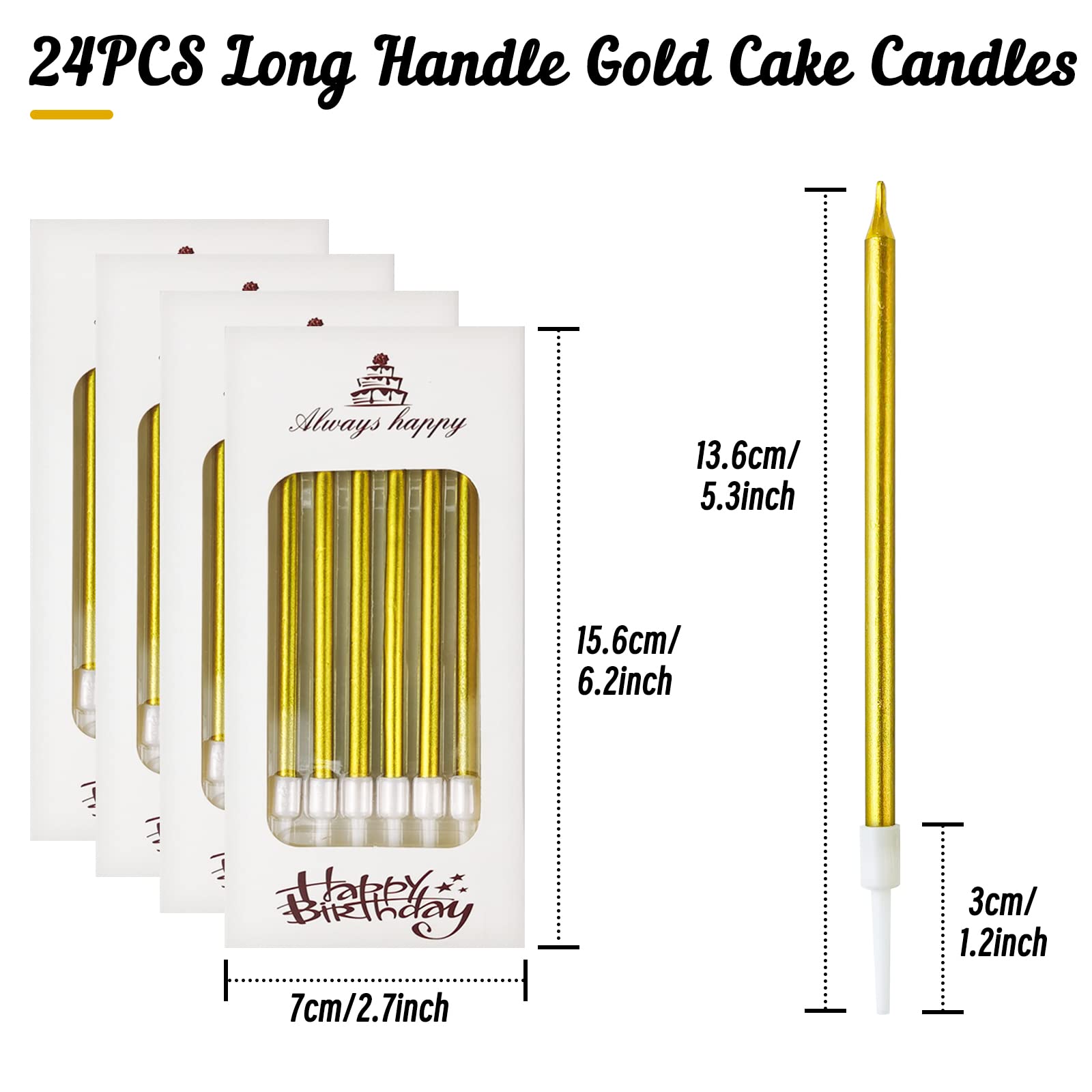 DONQL Birthday Cake Candles, Tall Cake Candles, Long Birthday Candles, Thin Cupcake Candles with Holders for Birthday Cake Baby Shower Cake Wedding Party Decoration（24Pcs Gold