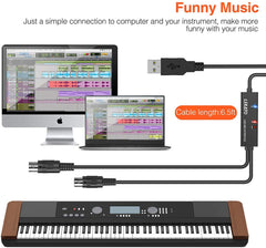 LEKATO MIDI Cable, USB MIDI Adapter With Indicator Light 5 Pin MIDI Interface 6.5Ft MIDI In-Out Converter Keyboard to PC/Mac/Laptop for Music Editing&Recording Track work with Windows/Mac