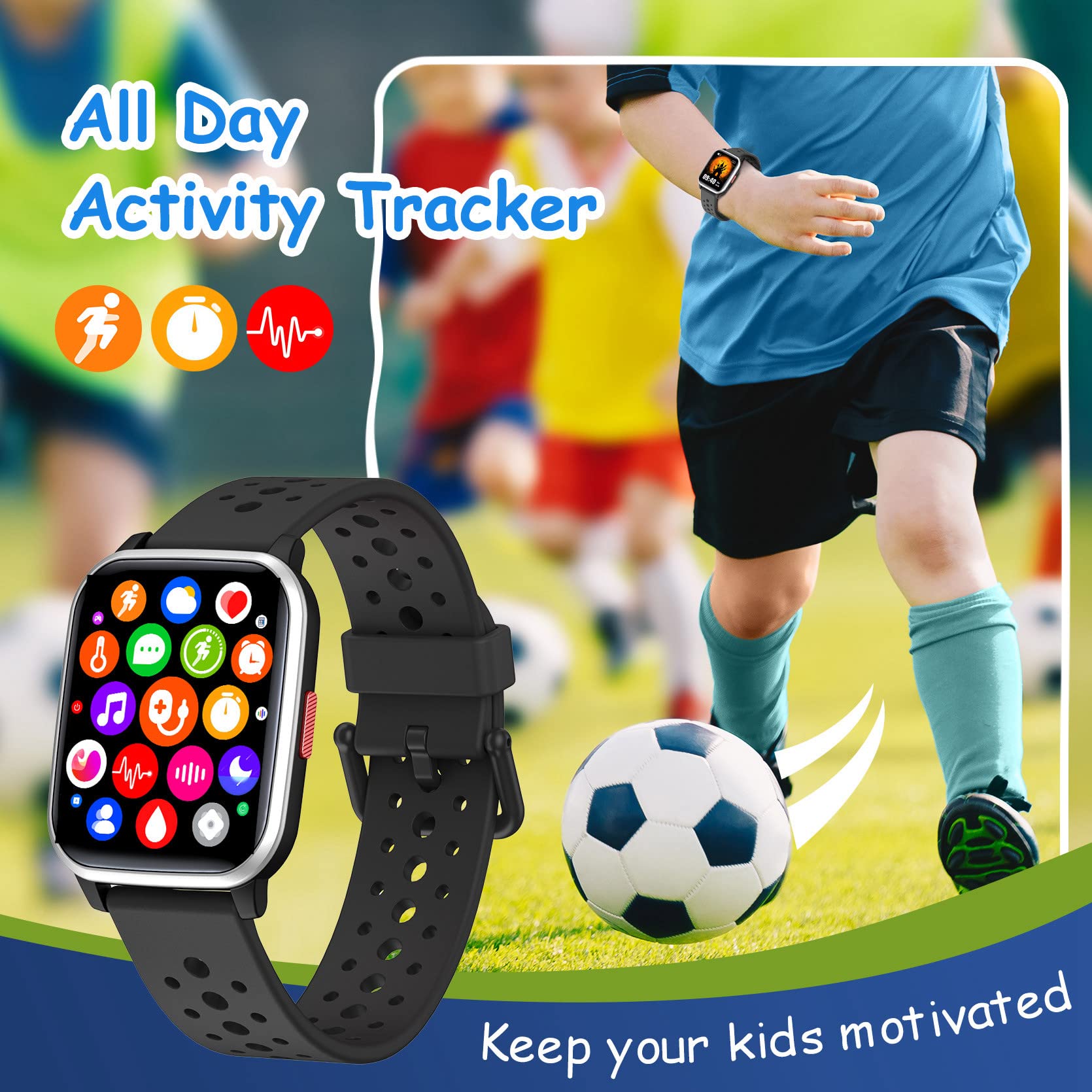 Fitness Tracker Watch for Kids, SOPPY Activity Tracker, Smart Watch with Games, Pedometer, Heart Rate & Sleep Monitor, Stopwatch, IP68 Waterproof Sport Watch, Great Gifts for Boys Girls Teens - Black