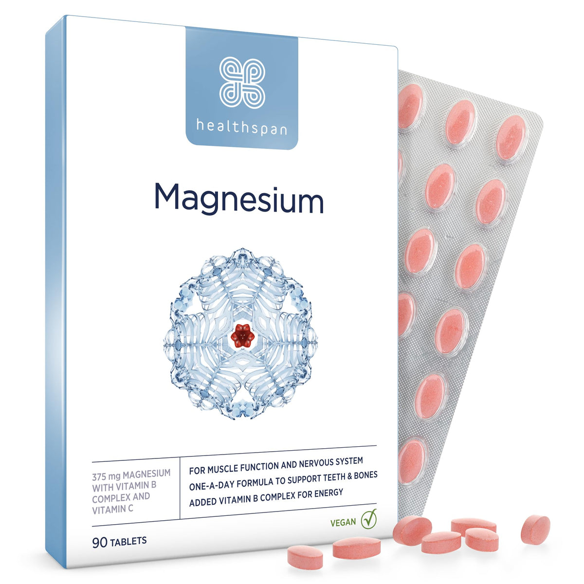 Healthspan Magnesium 375mg (90 Tablets)   Added Vitamin C & Vitamin B Complex   Promotes Immune Health   Support Your Bones, Teeth, Muscles & Nervous System   Vegan