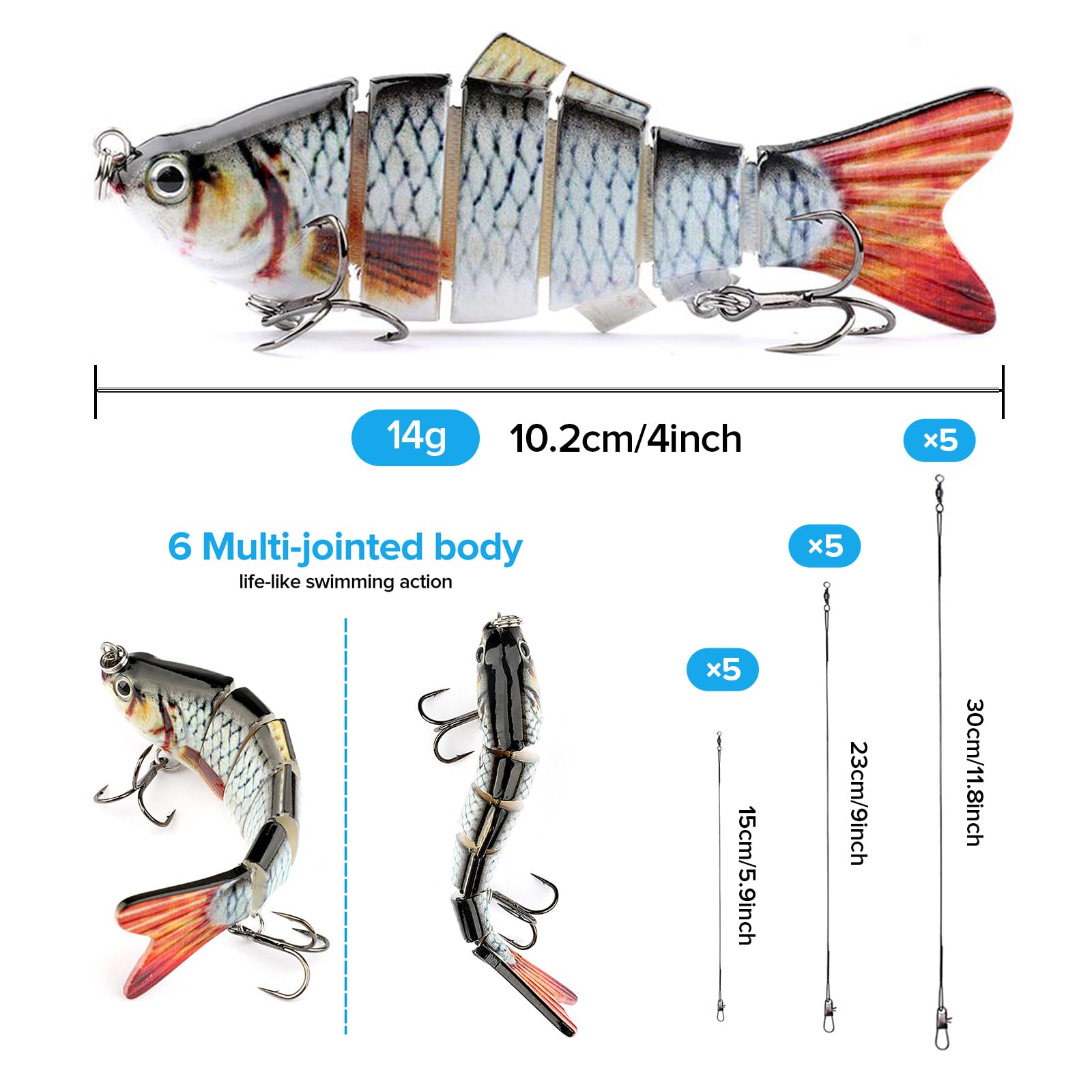 Realure 3 Pcs Multi Jointed Pike Fishing Lures with 15cm 23cm 30cm Wire Traces Pike Lures Sets 3D Artificial Lures with Hooks Slow Sinking Lure with Wobbler for Freshwater Saltwater(10.2cm 14g, B)