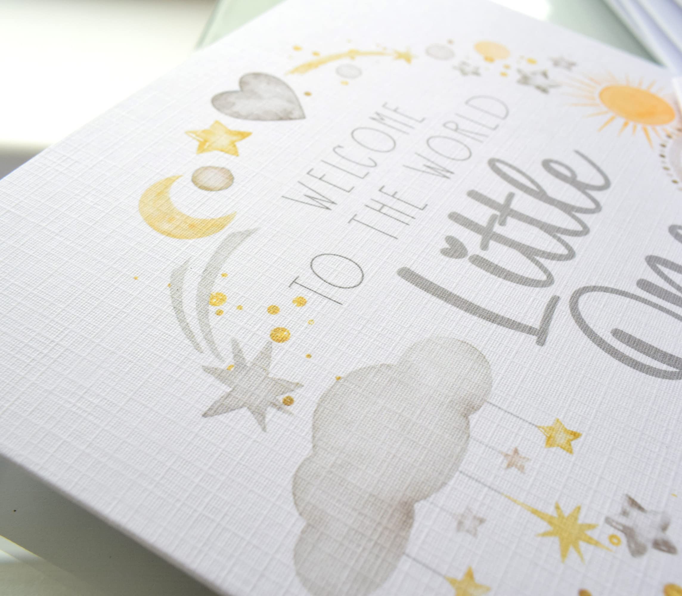 New Baby Card. Girl or Boy. Gender Neutral. Newborn Congratulations. Welcome to World Card. Watercolour Grey Yellow Cloud Star Rainbow. Square Modern Greeting Card