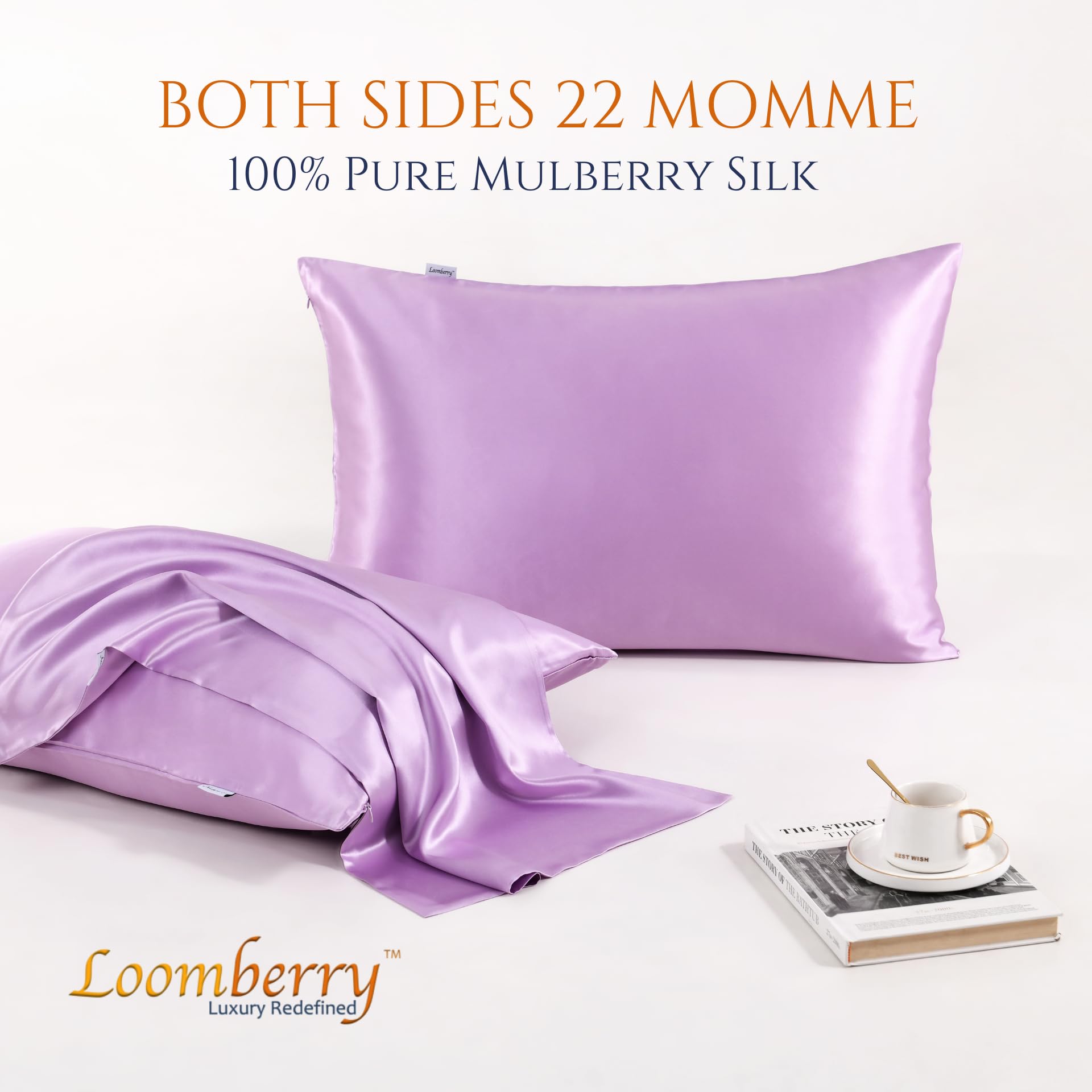 LOOMBERRY 100% Natural 22 Momme Pure Mulberry Silk Pillowcase for Hair and Skin Both Sides 22 Momme Highest Grade 6A with Hidden Zipper (Lavender, Standard (50x66CM))