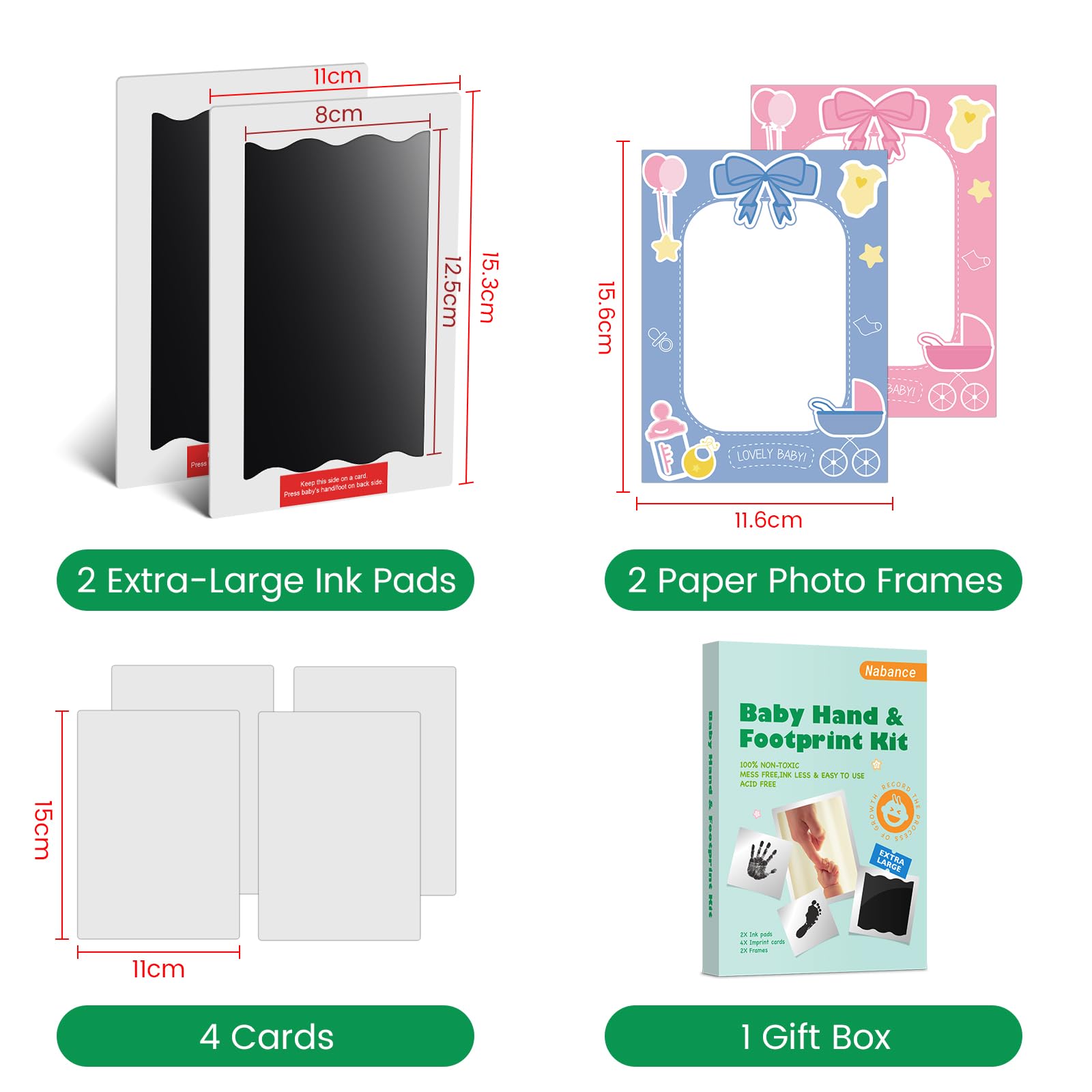 Nabance Baby Hand and Footprint kit, 2 Large Size Inkless Ink Pads with Pink & Blue Photo Frames, 4 Imprint Cards, Stamp Print Ink Pads, Safe Non-Toxic for Baby Handprint 0-12 months, Family Keepsake