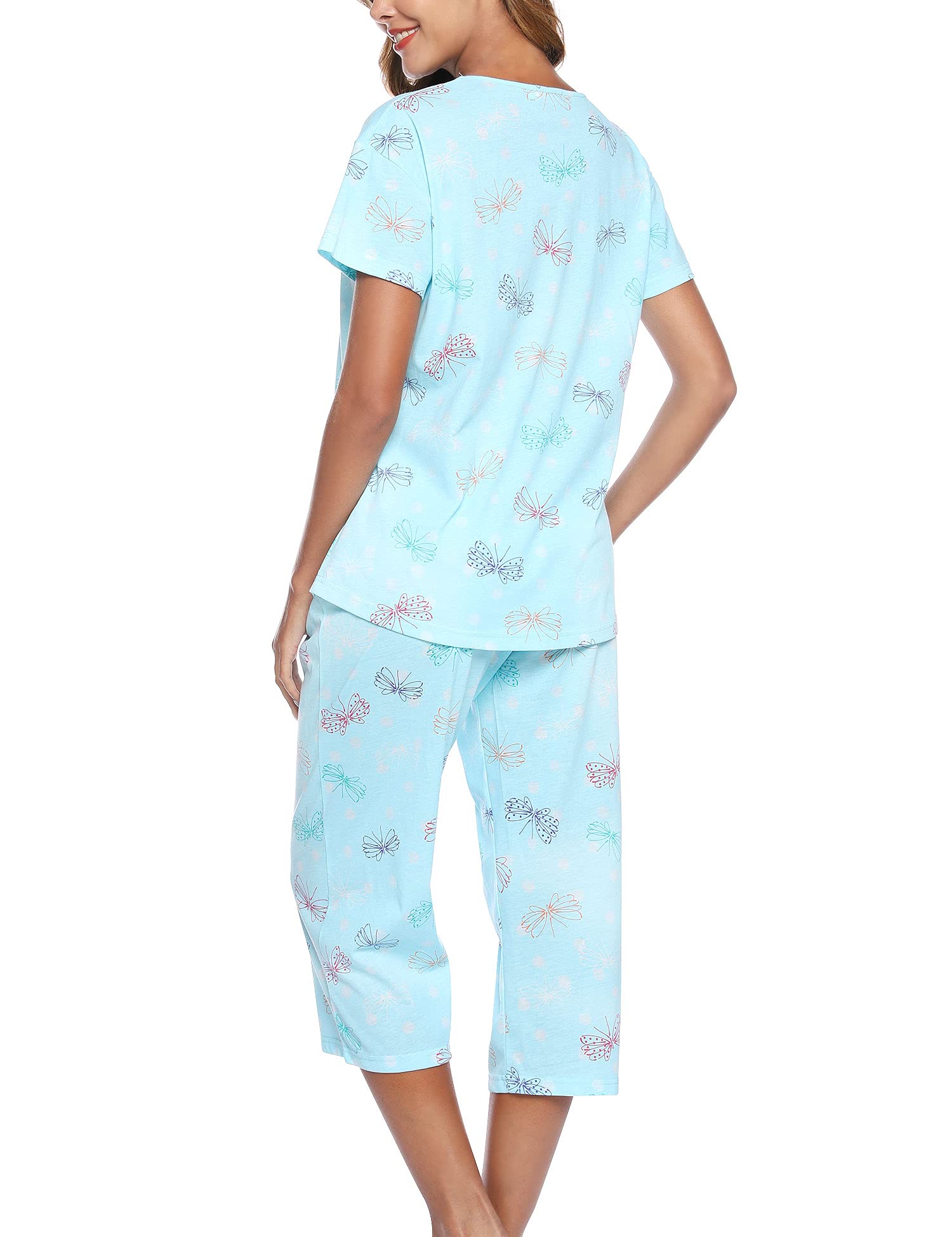 ENJOYNIGHT Womens Pyjamas Short Sleeve Top and Cropped Bottoms Pjs Set Cotton Loungewear Cute Print Nightwear (Large,Blue Flying)