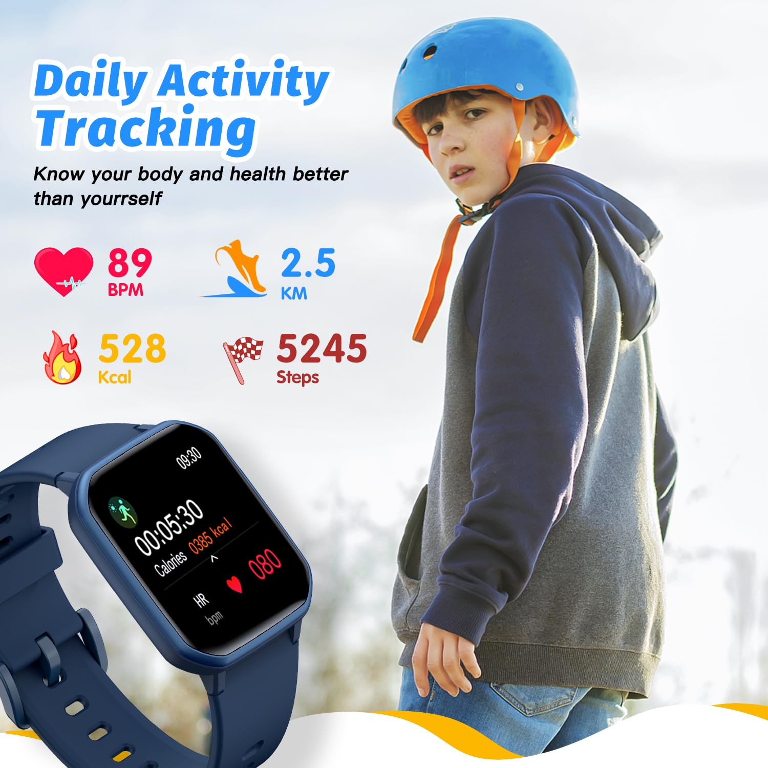 Kids Smart Watch for Boys,IP68 Waterproof Kids Fitness Tracker Watch with 1.5 Inch DIY Face,Heart Rate Sleep Monitor,19 Sport Modes,Calories Counter,Alarm Clock,Great Gifts for Children 6and (Blue)