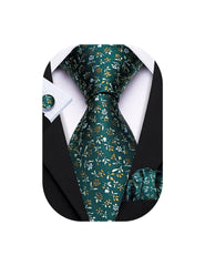 Barry.Wang Man Green Floral Necktie Set Silk Woven Solid Fashion Handkerchief Cuff Links Business Ceremony