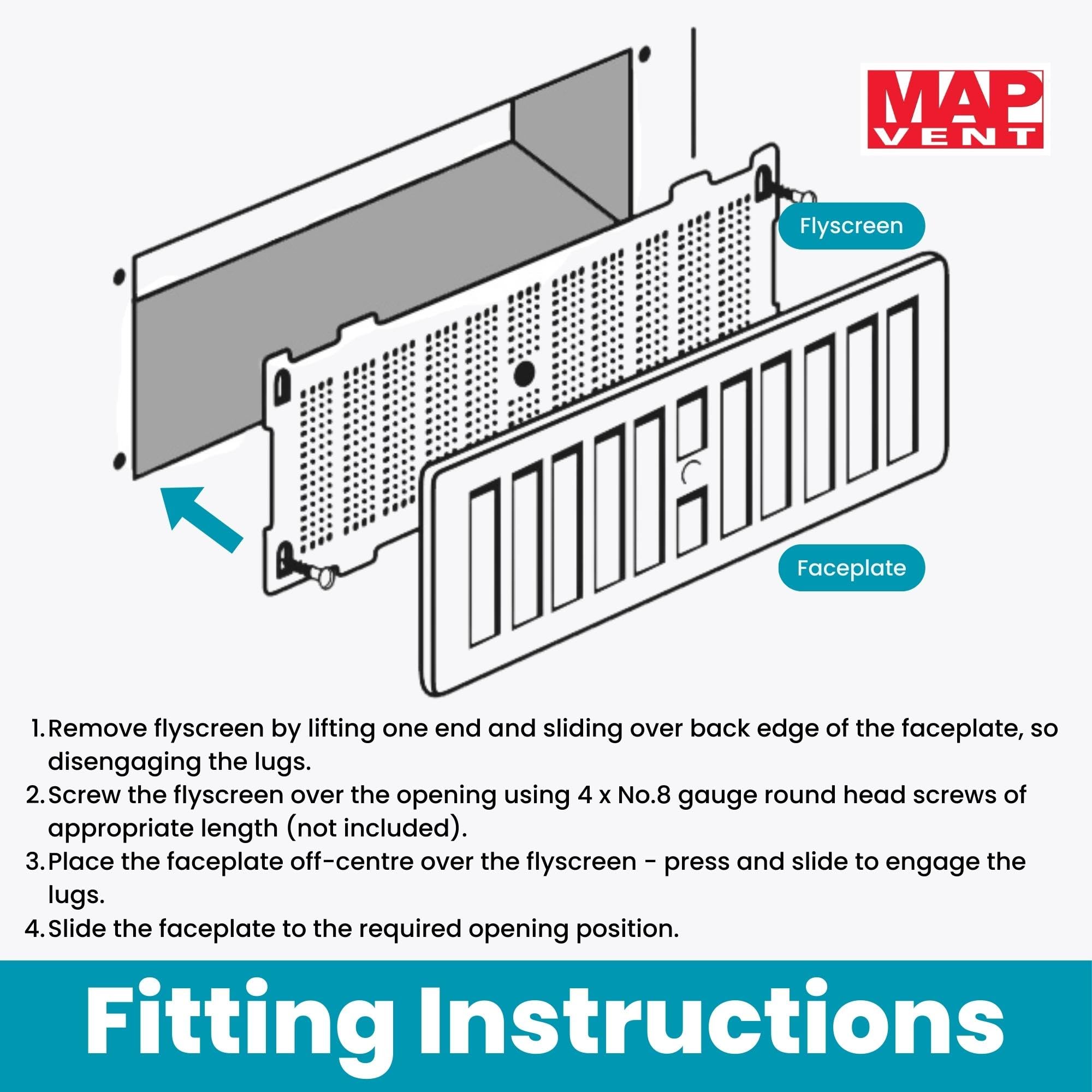 MAP Adjustable Plastic Air Vent Grille With Flyscreen Cover, White, 9 inches x 3 inches