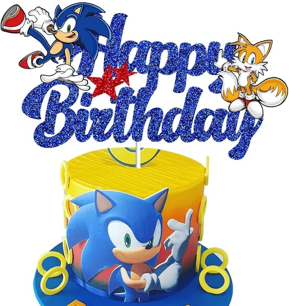 GZDUCK Blue Hedgehog Happy Birthday Cake Topper, Hedgehog Birthday Party Cake Decorations Supplies for Kids Birthday, the Hedgehog Cake Decor Glitter Cake Topper