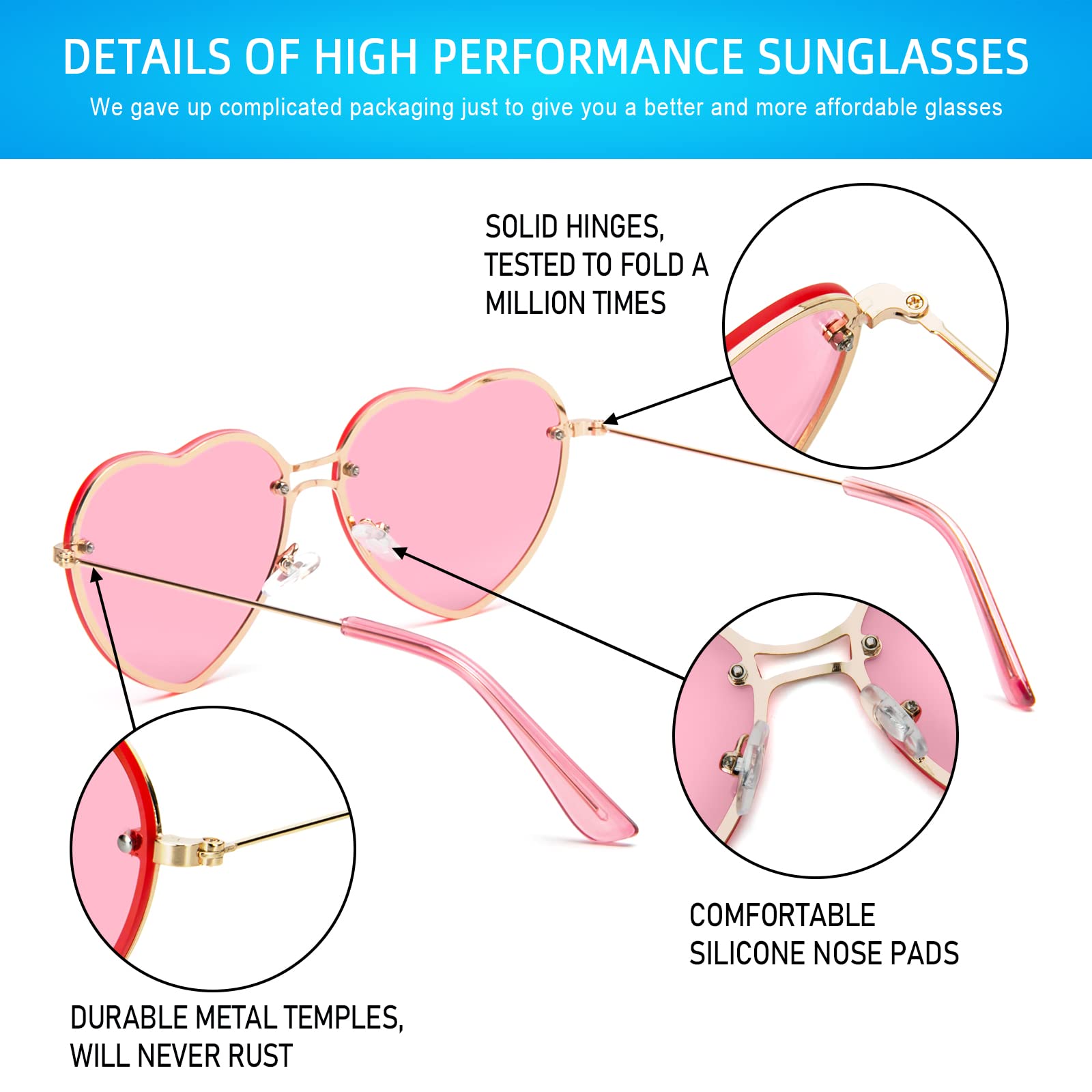 PARTY GO Heart Shape Sunglasses Woman Fashion Rimless Sunglasses UV400 Party Glasses, Pink