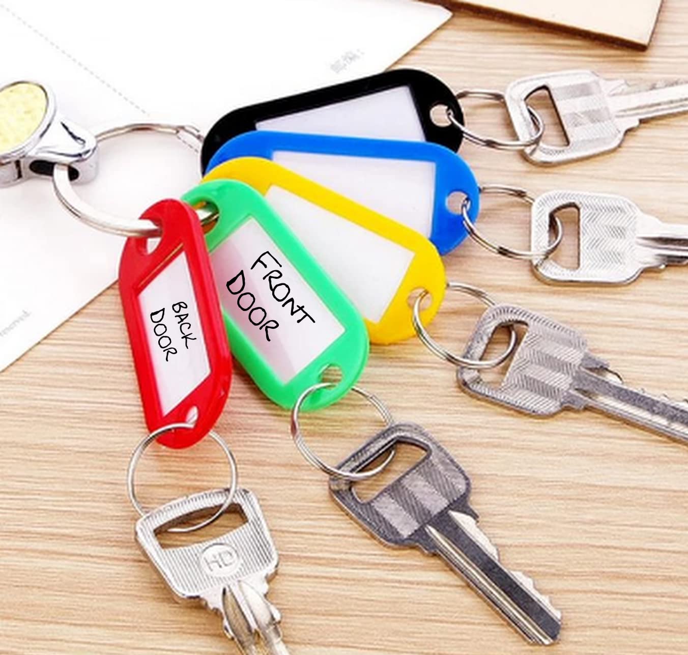 50 x Key Tags with Labels, Key Rings with Tags, Key Fobs with Labels, Name Tags, Plastic Key Labels, Spare Papers, in Handy Box, 5 Colours, for Luggage, ID, Name, Label for Home, Office, School