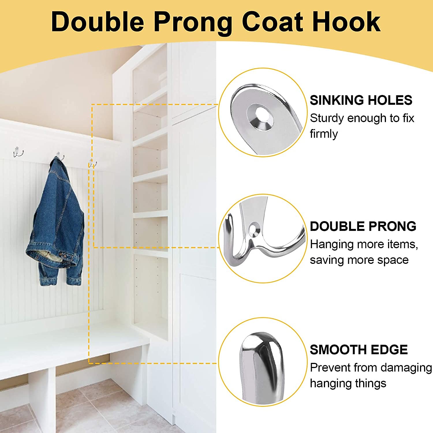 Double Prong Coat Hook Robe Hooks Dual Coat Hooks Wall Mounted Hanging Clothes Metal Door Hooks for Bathroom Bedrooms Hanging Clothes Robe Towel Kitchen (Sliver) - 4PCS