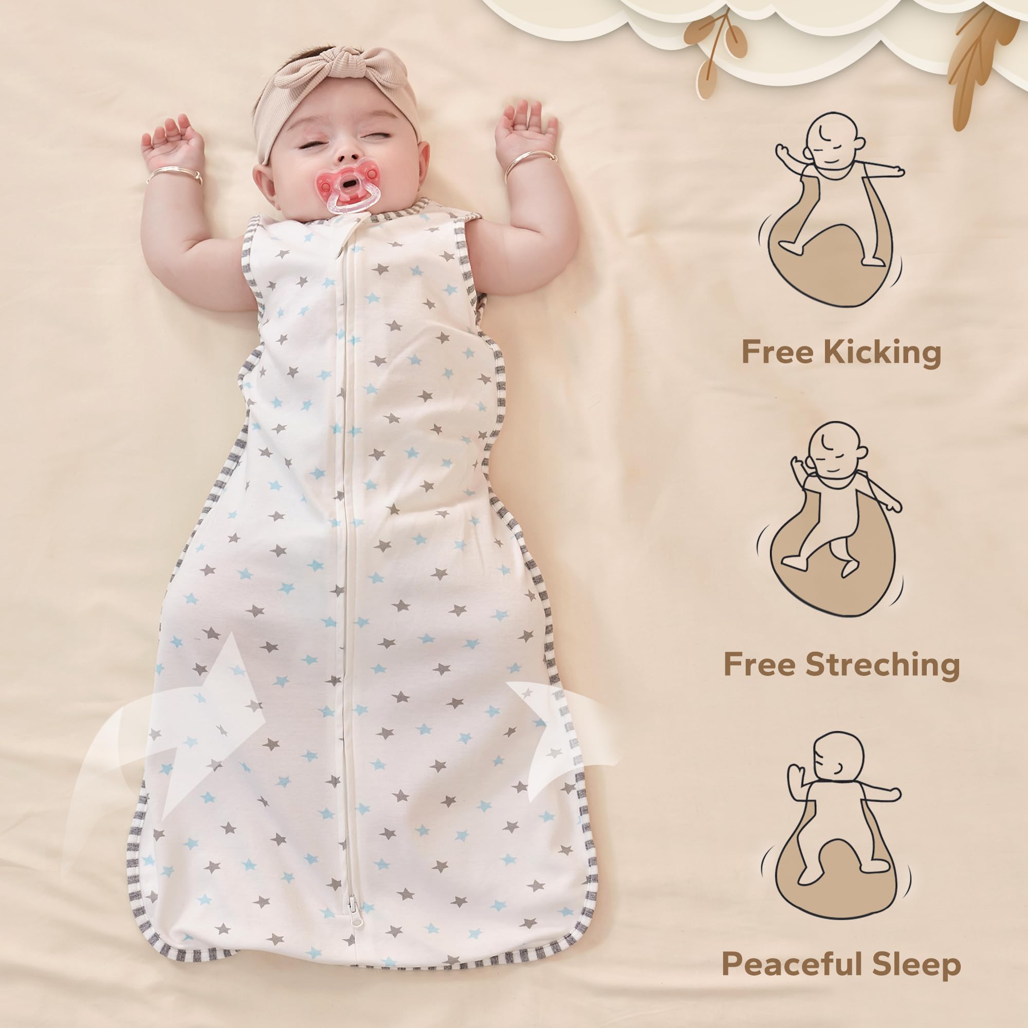 TURMIN Baby Sleeping Bag 1.0 Tog,Newborn Sleep Sack 100% Cotton Sleeveless Wearable Blanket for Newborn Baby Gift, Star, S(0-6 Months)