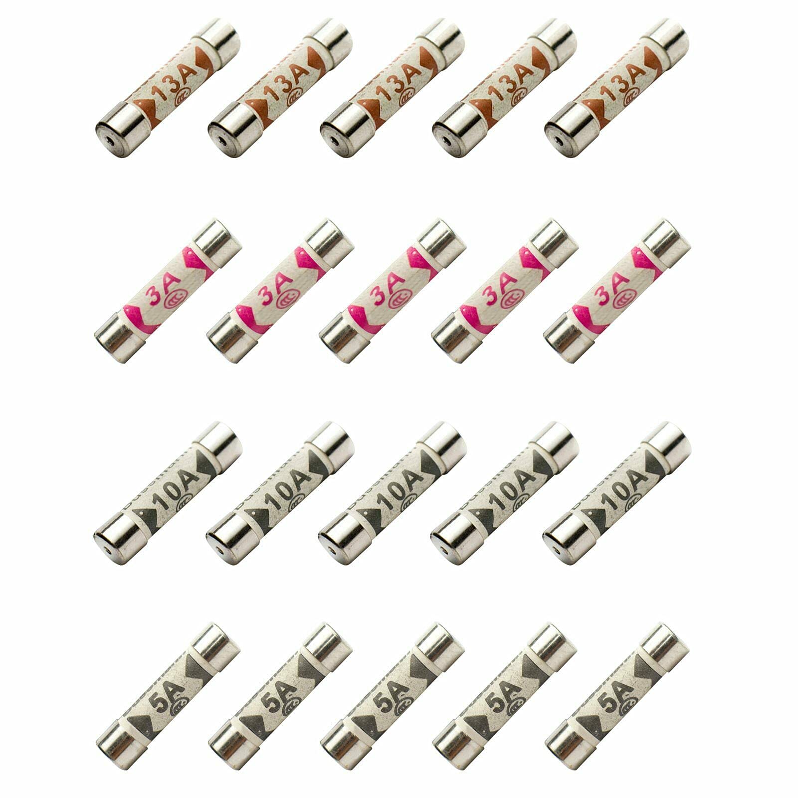 20 x Fuses Mixed Household Electrical Ceramic Domestic Mains Fuses for Plugs 3A, 5A, 10A and 13 Amp Fuses UK by ZARB