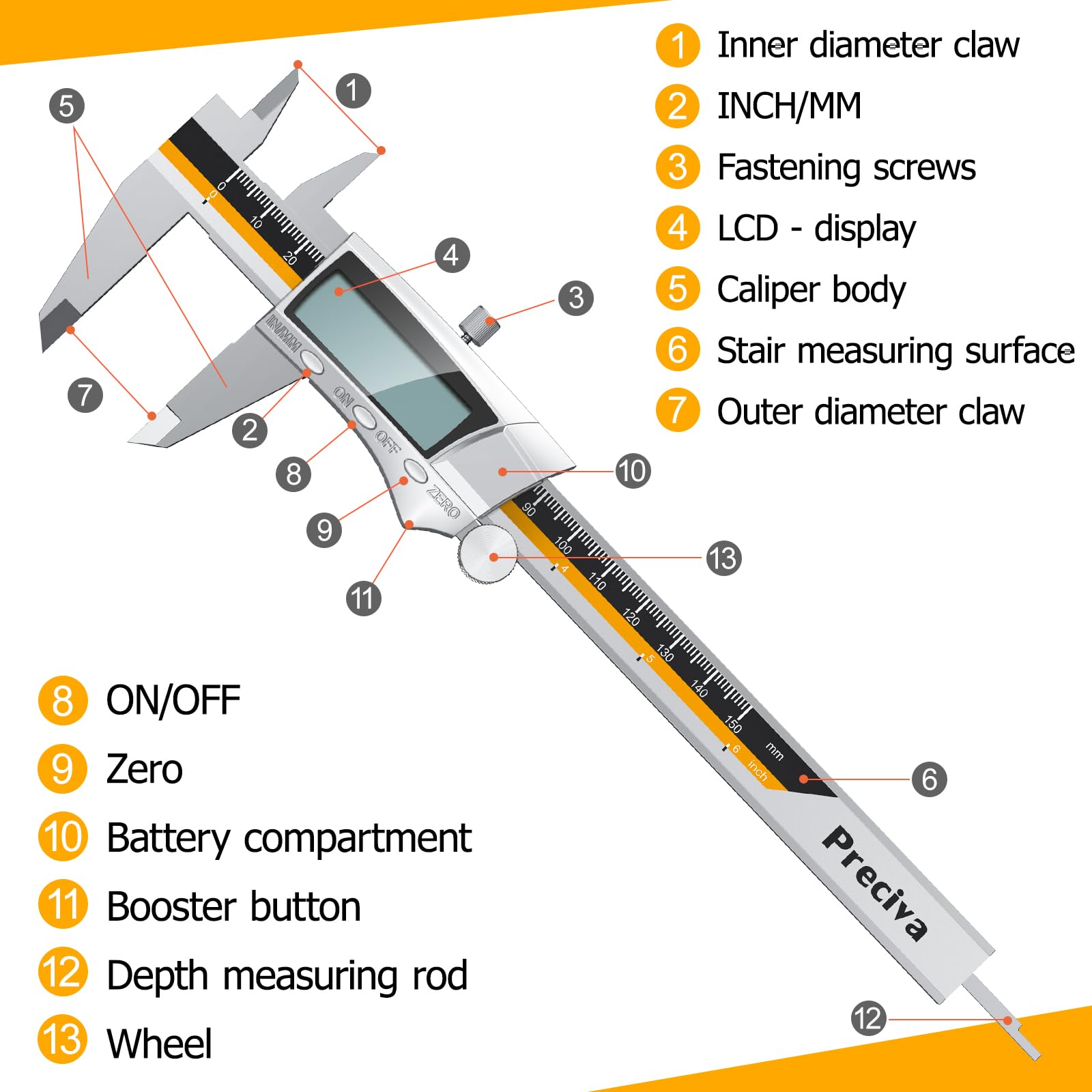 Vernier Caliper Gauge, Preciva Digital Vernier Caliper Micrometer 150mm with Clear LCD Screen, Precision Calipers Measuring Tool, Metal Measuring Gauge Stainless Steel with Inch/mm Conversion