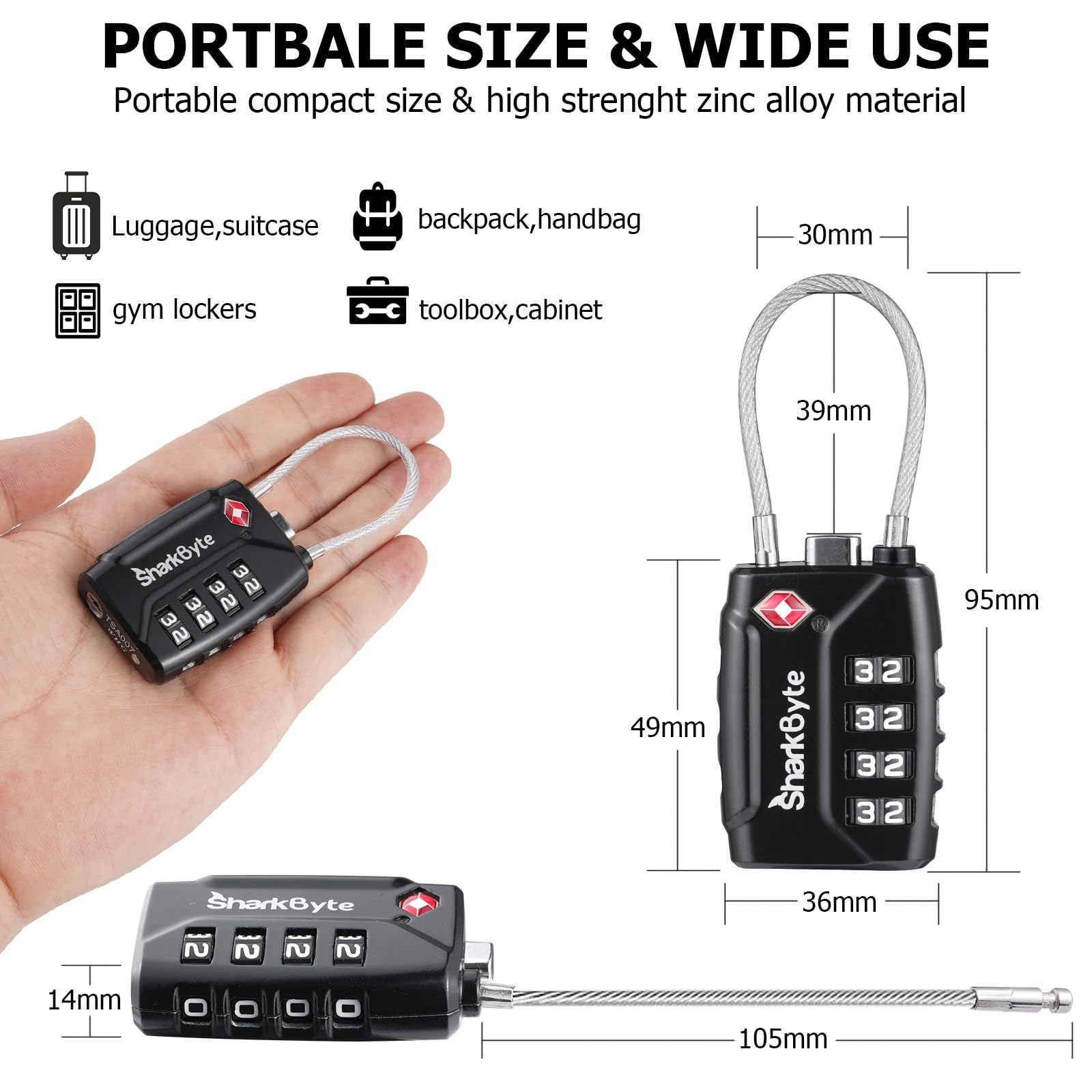 SharkByte TSA Suitcase Locks - 4-Dial Security Travel Combination Padlock, Flexible Cable Travel Lock for Suitcases Luggage Case Travel Bag Gym Locker Code Small Padlock (Pack of 1)