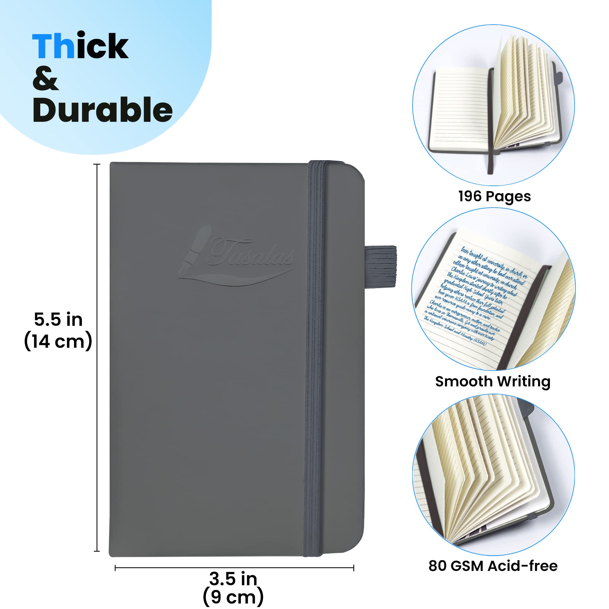 Tasalas Pocket Notebook Portable A6 Notebooks with Inner Pocket and Elastic Band - 80 GSM Lined Paper Notepad, 196 Pages (98 Sheets) Soft & Durable PU Leather Cover (Grey)