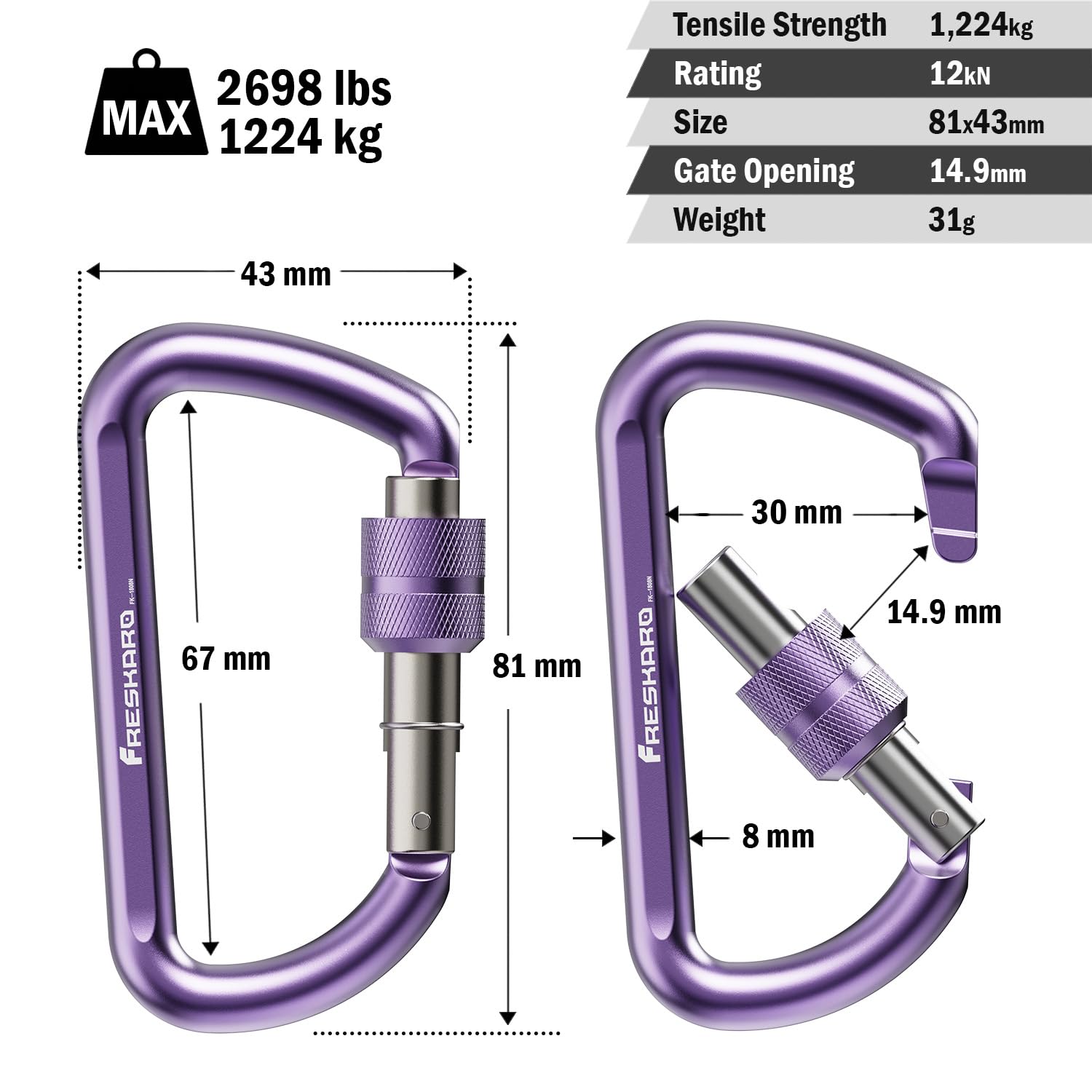 FresKaro 3inch Locking Carabiner Clips Heavy Duty, Strong 12kN Screw-gate Aluminum Carabina, Karabiner Hooks, Rust free, Lightweight, for Dog Lead, Hammocks, Swing, Camping, Key, D-Shaped, Purple 2pcs