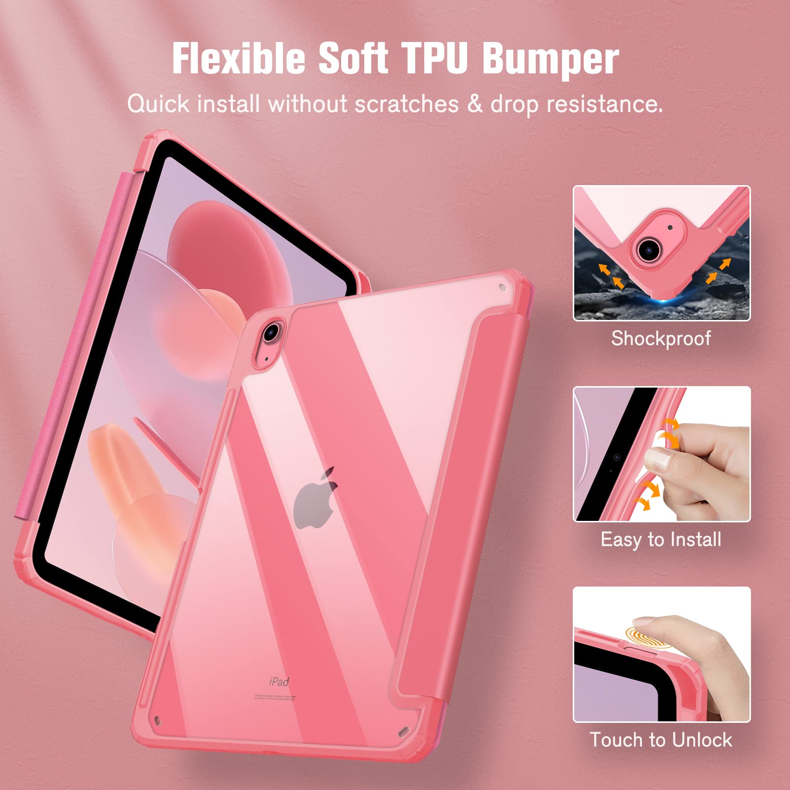 FINTIE Hybrid Case Compatible with iPad 10th Generation 2022 (10.9 Inch) - [Ultra Slim] Shockproof Clear Cover with Built-in Pencil Holder, Auto Wake/Sleep, Pink