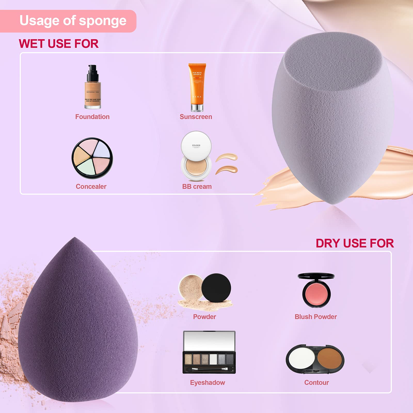 Makeup Sponge DUAIU 4 Pack Beauty Blender Foundation Sponges Set 4 Color Latex Free Blender Beauty Makeup Sponges with 1 Sponge Holder Case (Morandi Purple)