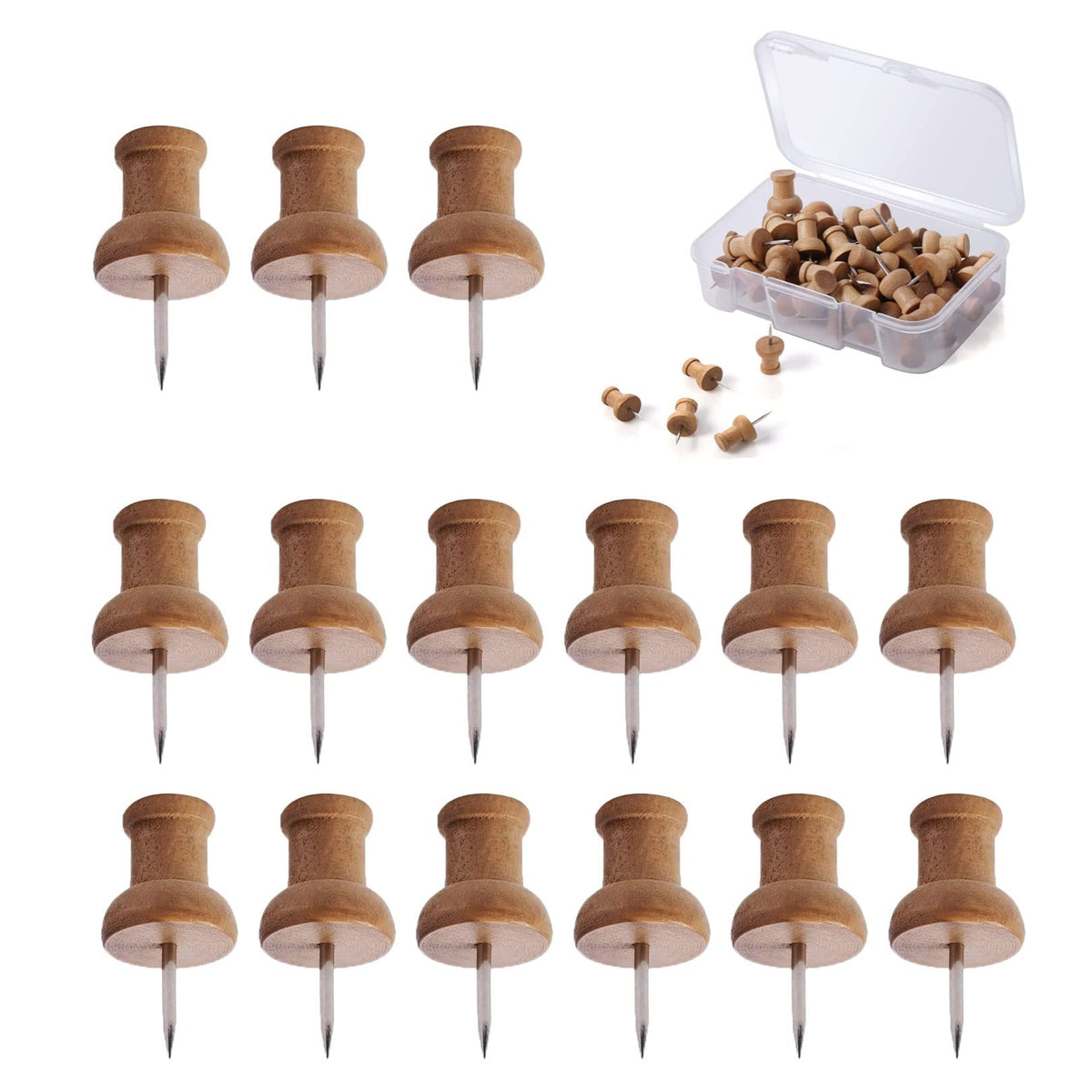 50pcs Wood Push Pins Map Tacks Marking Pins,Bulletin Board Pins Rustproof Drawing Pins Thumb Tacks Pin,Wooden Drawing Pins with Storage Box Thumb Tacks Wooden Map Pins for School Office Home Supplies