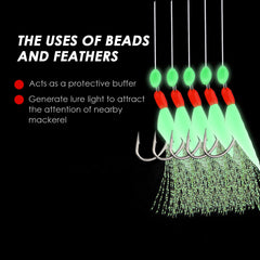 Luroad 6pcs Sea Fishing Rigs 30 Hooks, Pre Tied Mackerel Feathers Rigs with Luminous Beads Bionic Flying Insects Lure Rigs for Mackerel, Pollock, Cod, Herring, Bass (Fluro Flasher, Hook Size 12)