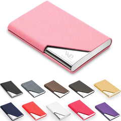 Waylipun Business Card Holder, Professional PU Leather & Stainless Steel Business Name Card Case, Keep Business Cards in Immaculate Condition, Slim Metal Pocket Card Holder with Magnetic Shut(Pink)